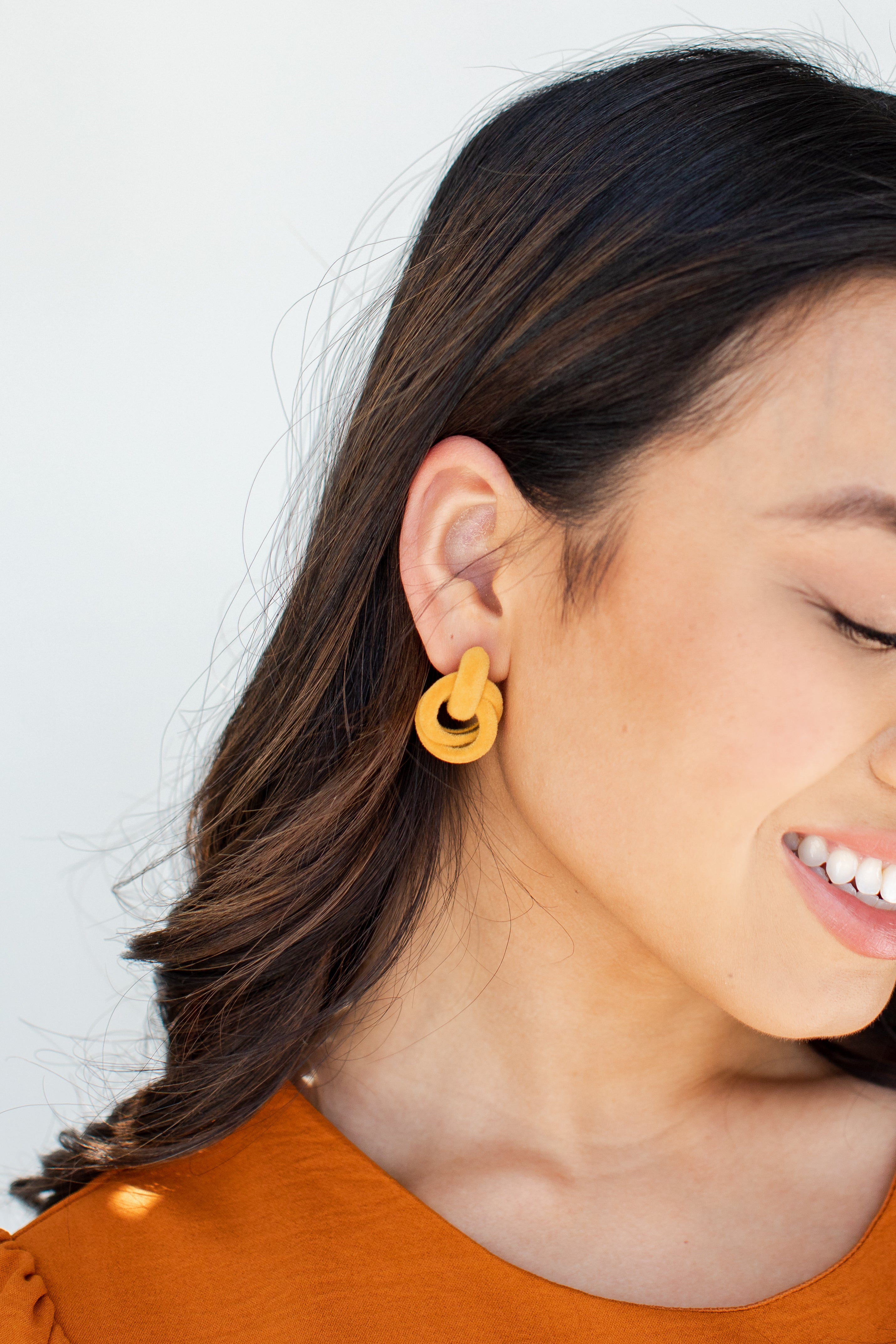 Velvet Circle Drop Earrings in mustard