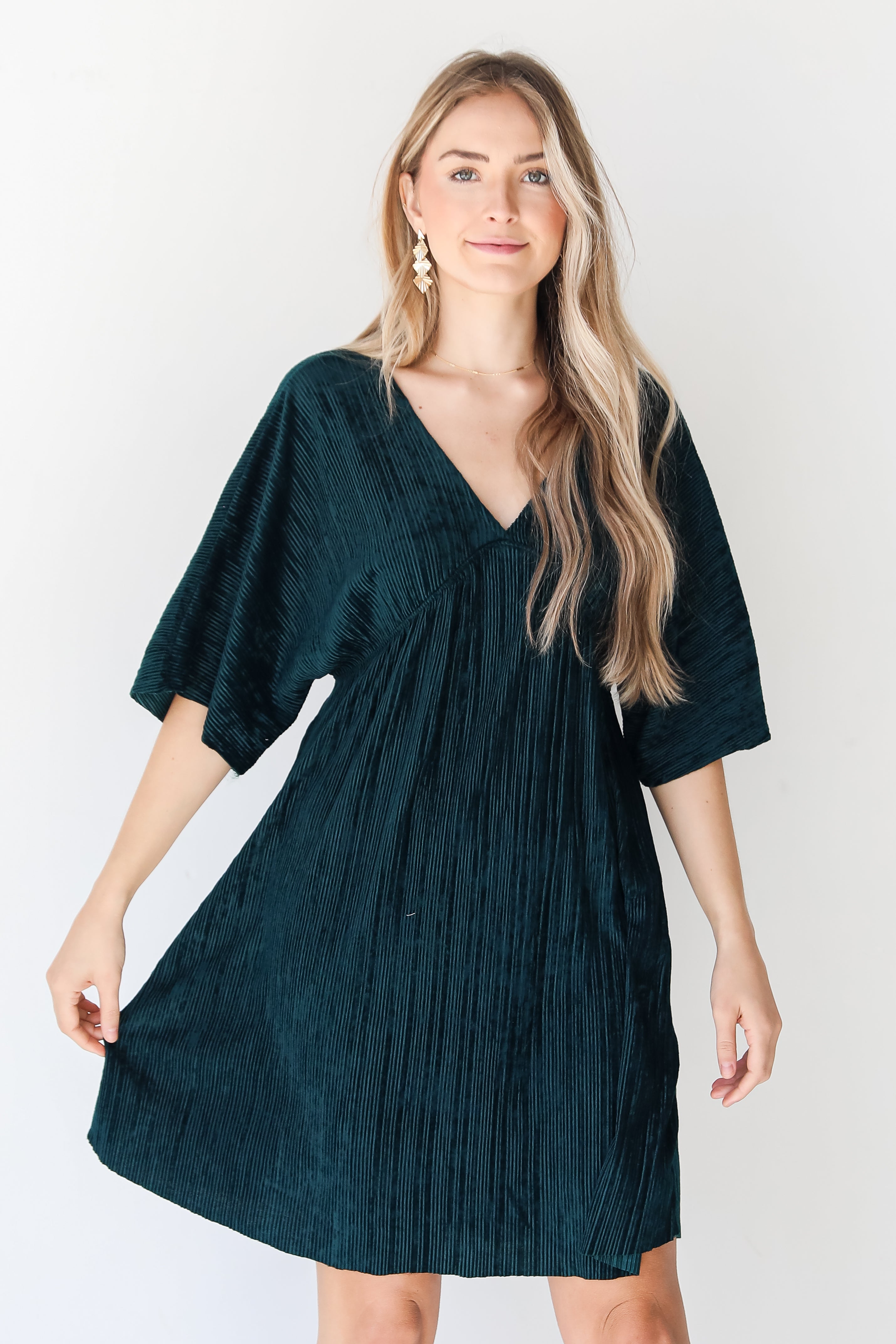 green Velvet Babydoll Mini Dress