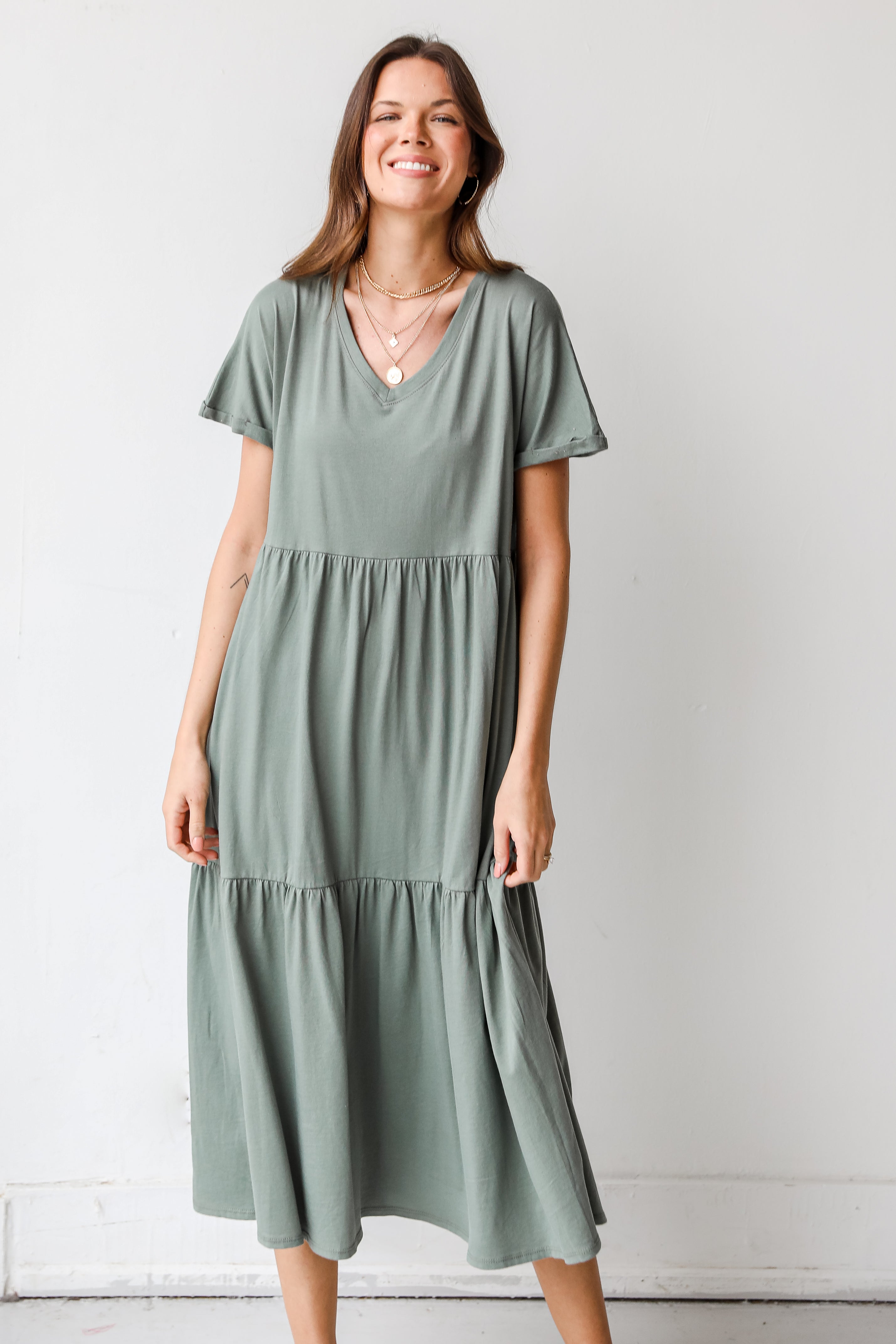 Tiered Midi Dress in sage front view
