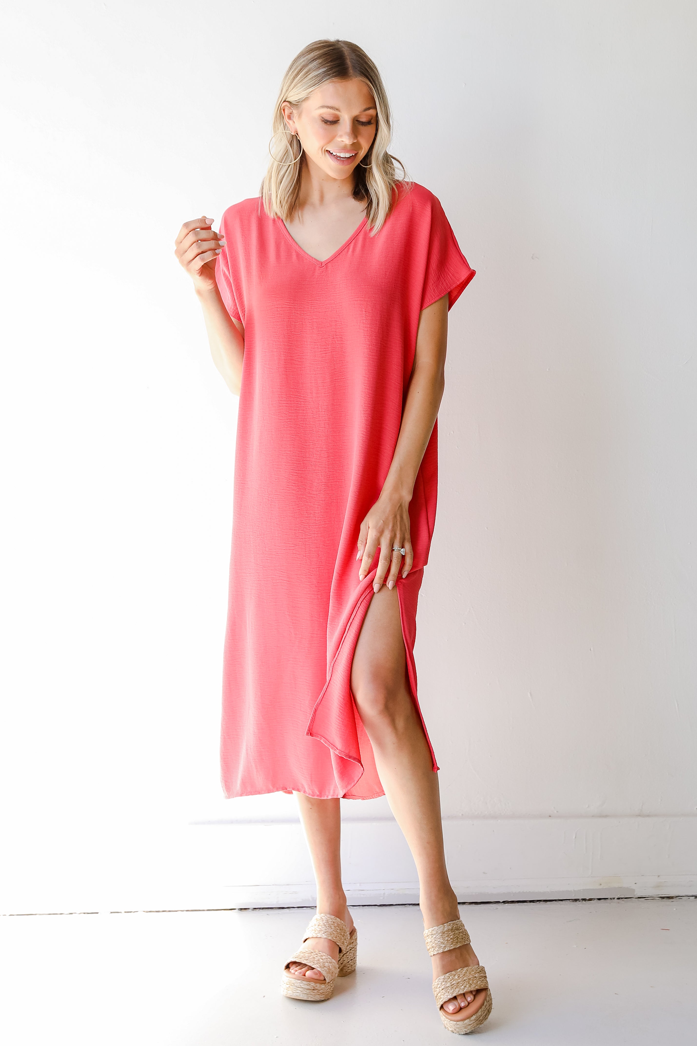 Midi Dress in coral on model