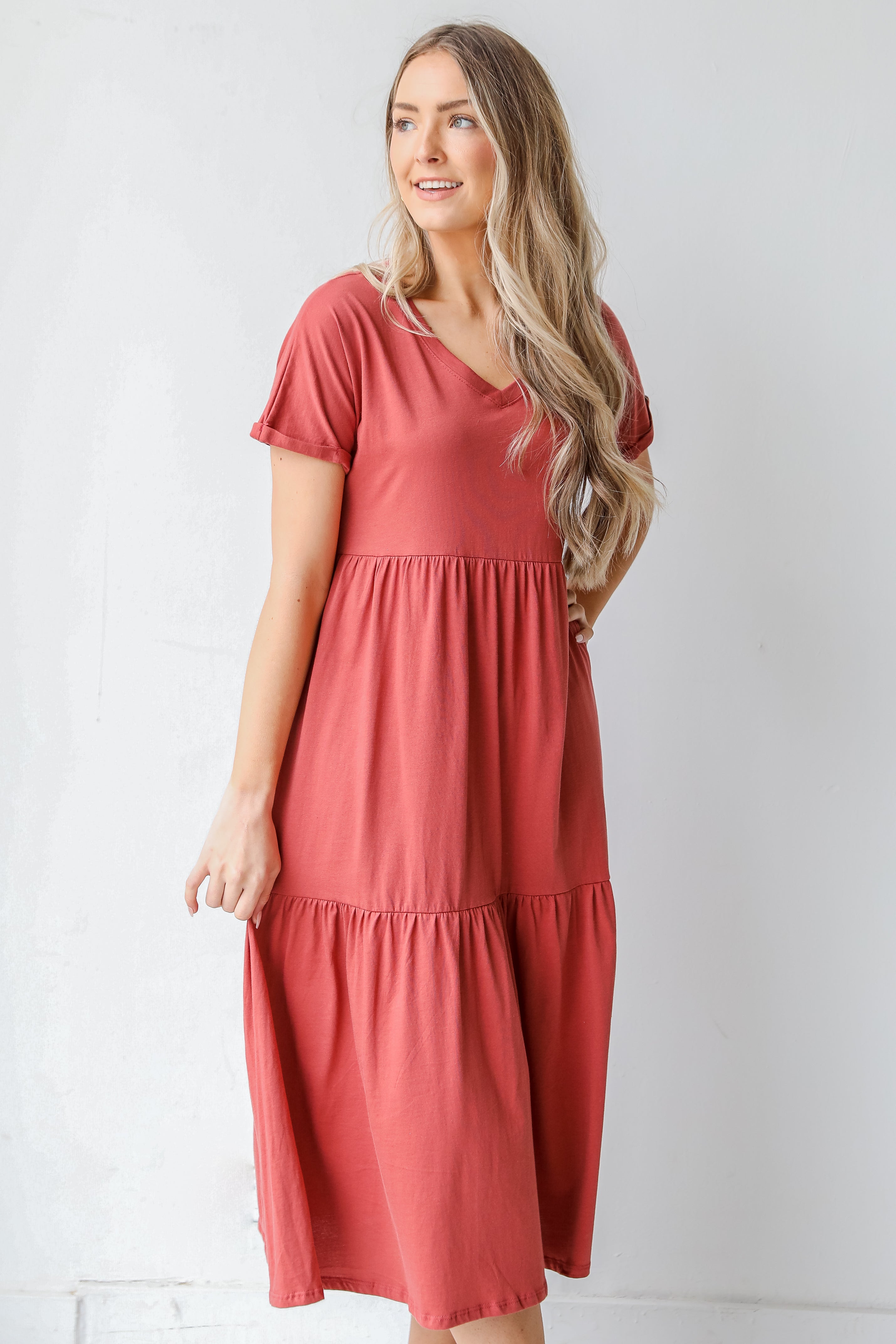 Tiered Midi Dress in marsala