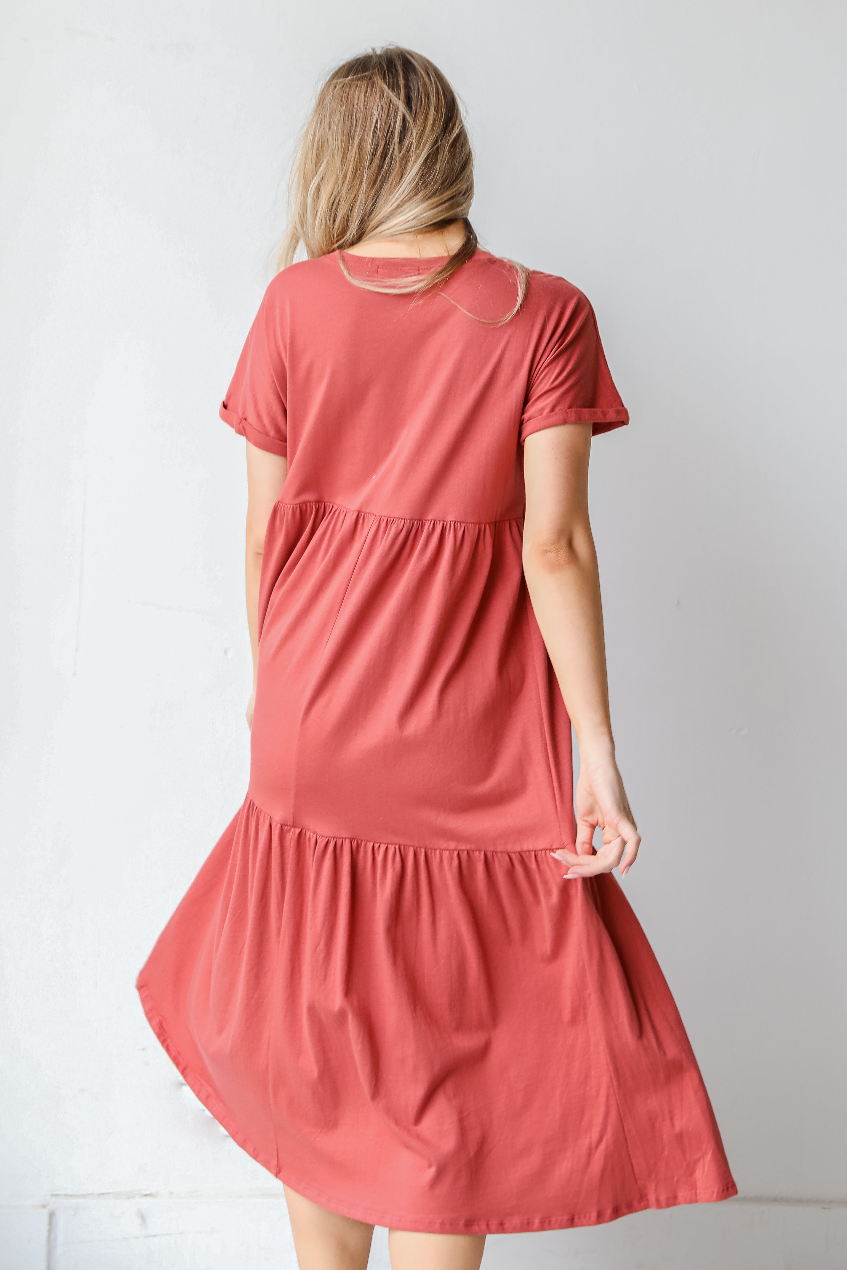 Tiered Midi Dress in marsala back view