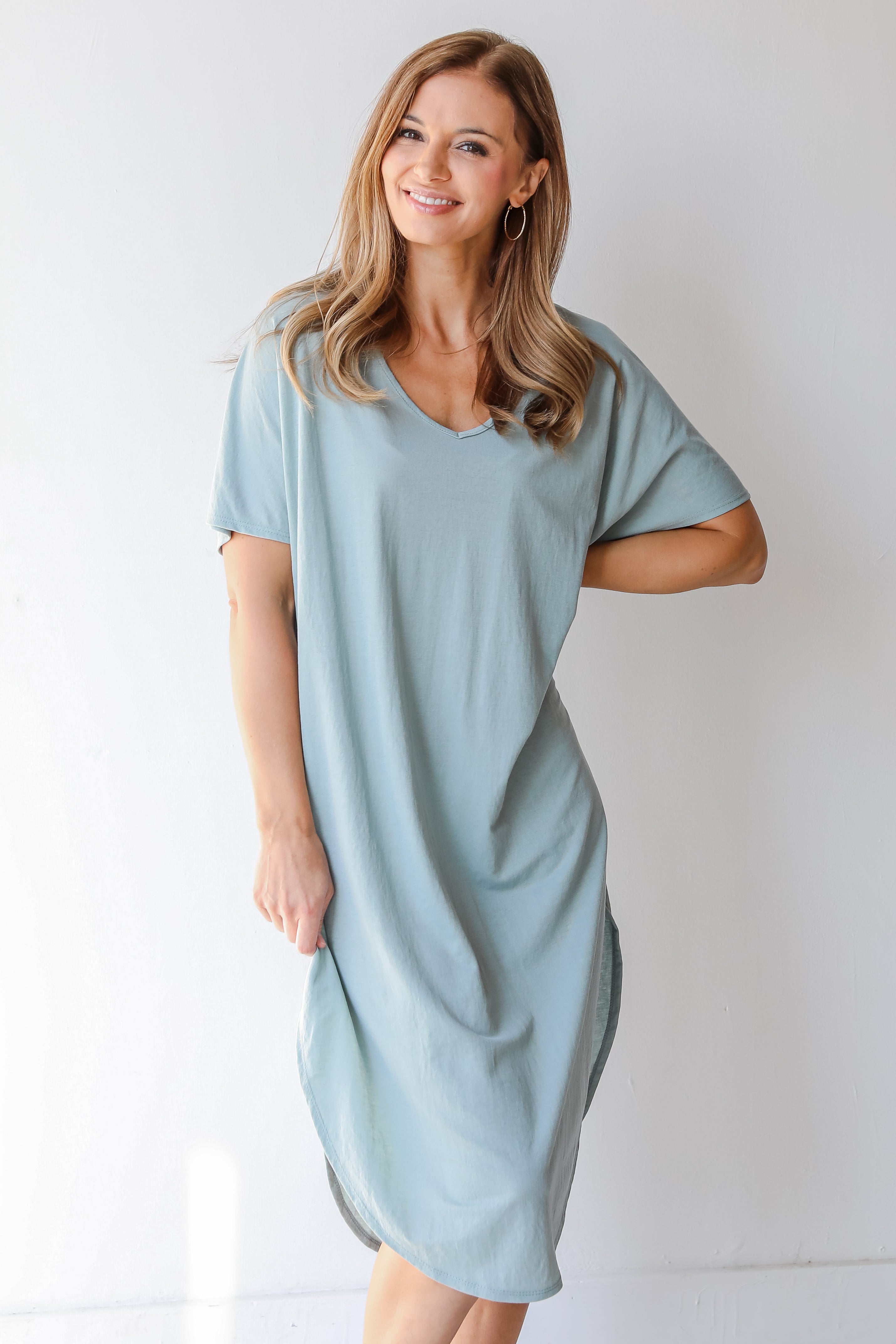 V-Neck Midi Dress in sage on model