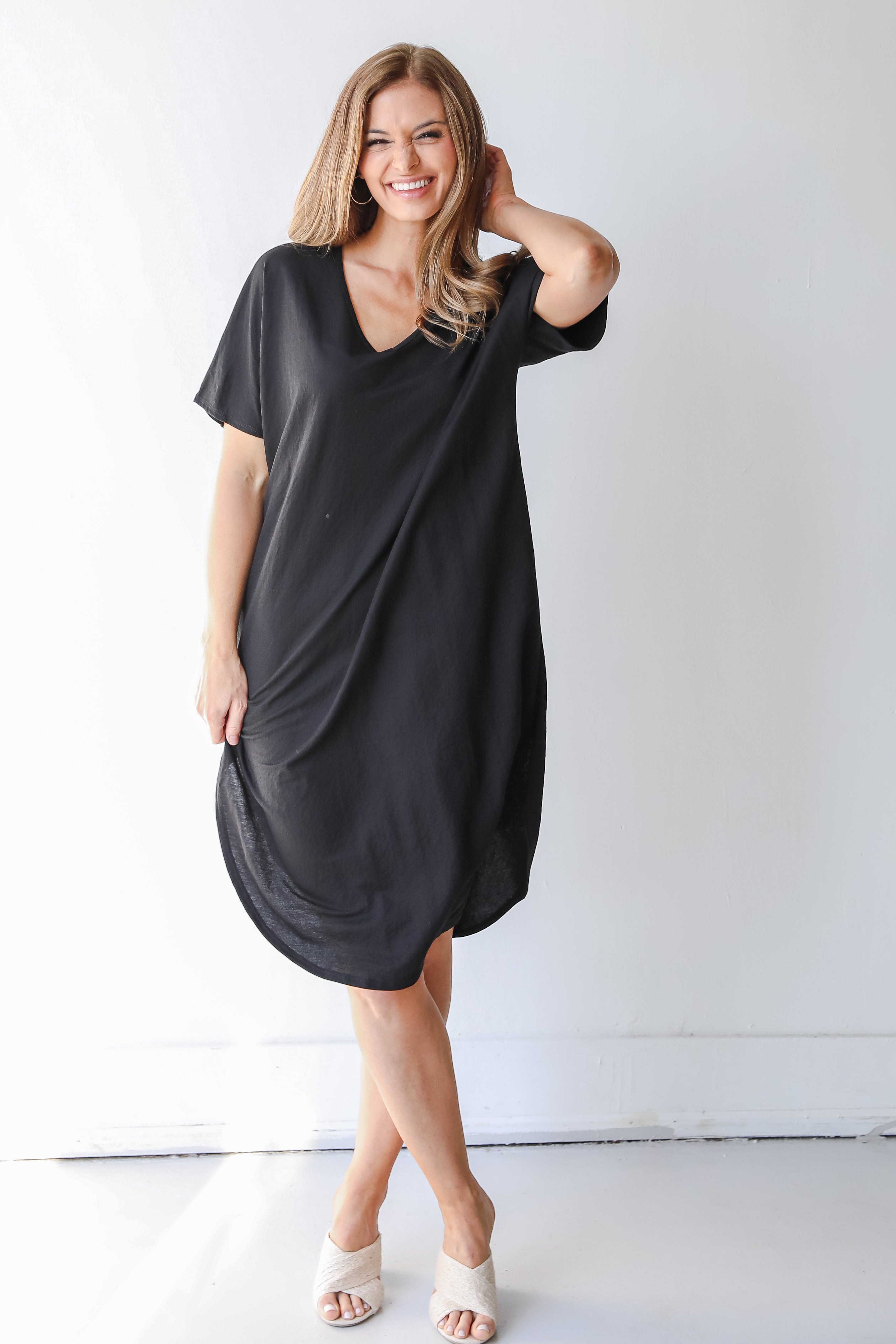 V-Neck Midi Dress in black on model