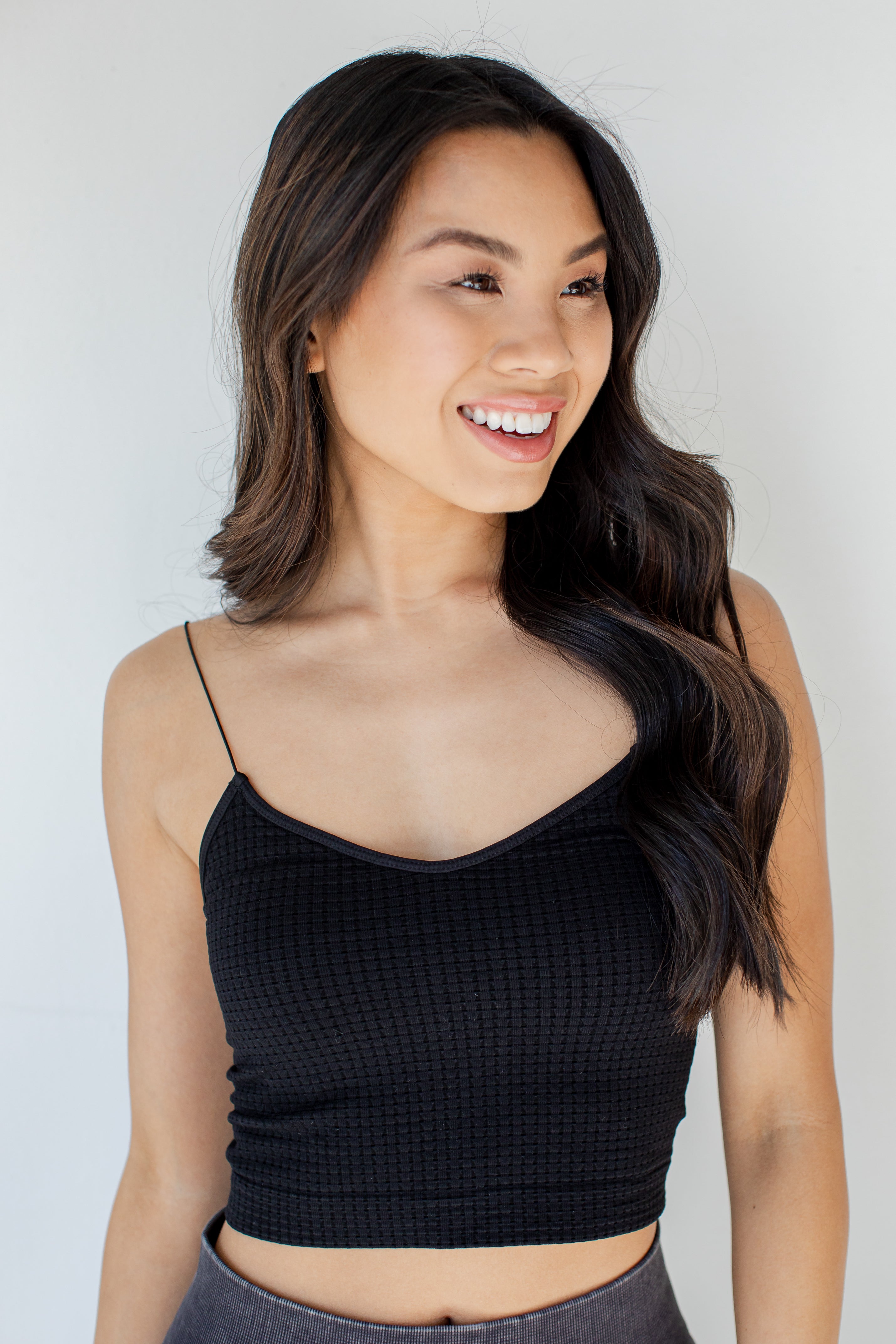 Skinny Strap Waffle Brami in black