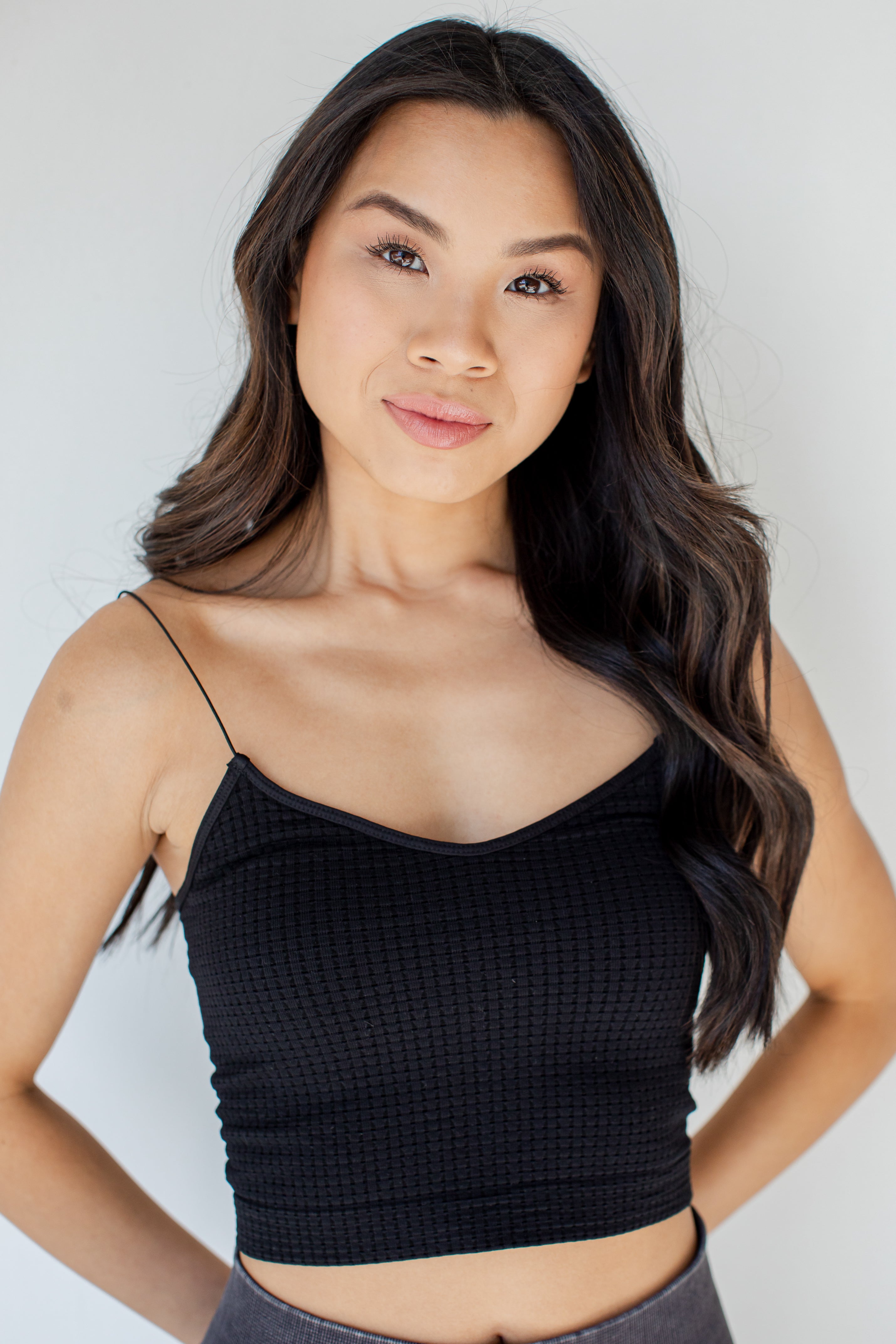 Skinny Strap Waffle Brami in black front view