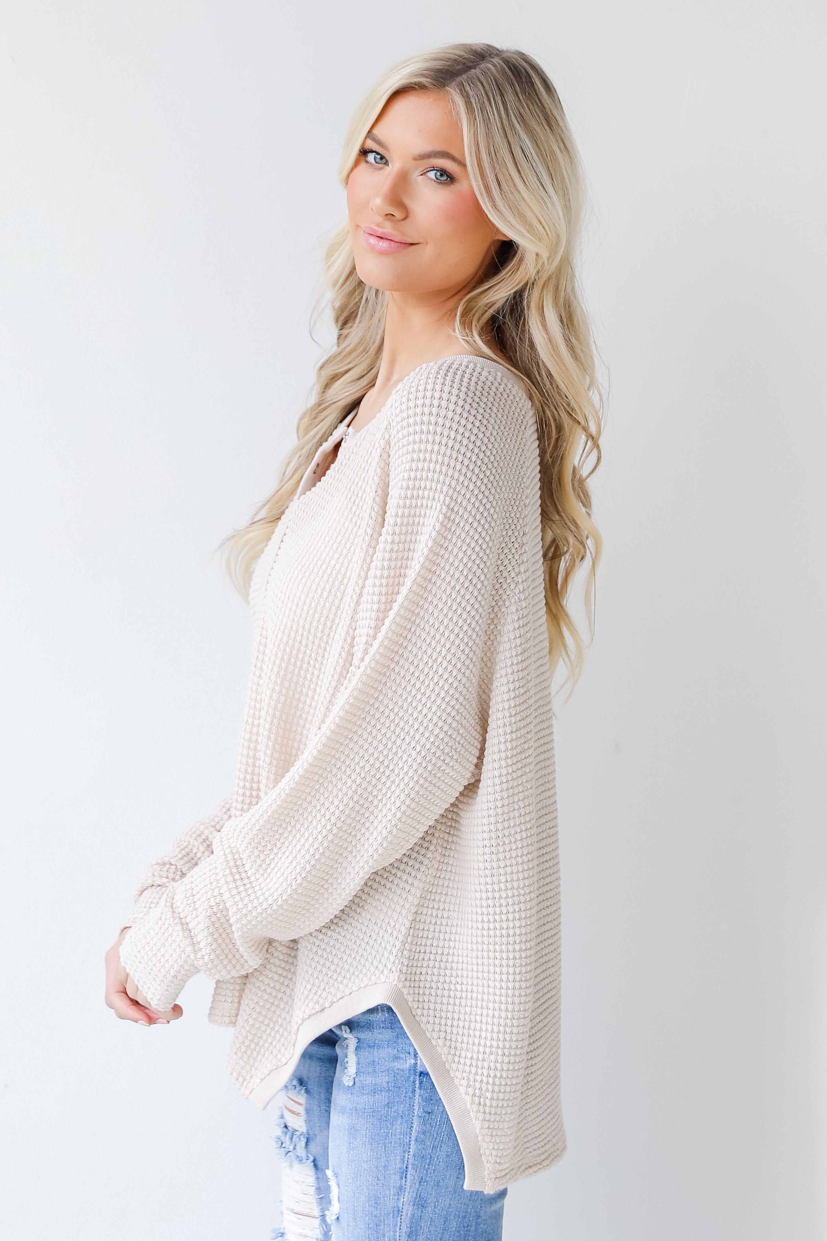 Waffle Knit Henley Top in ivory side view
