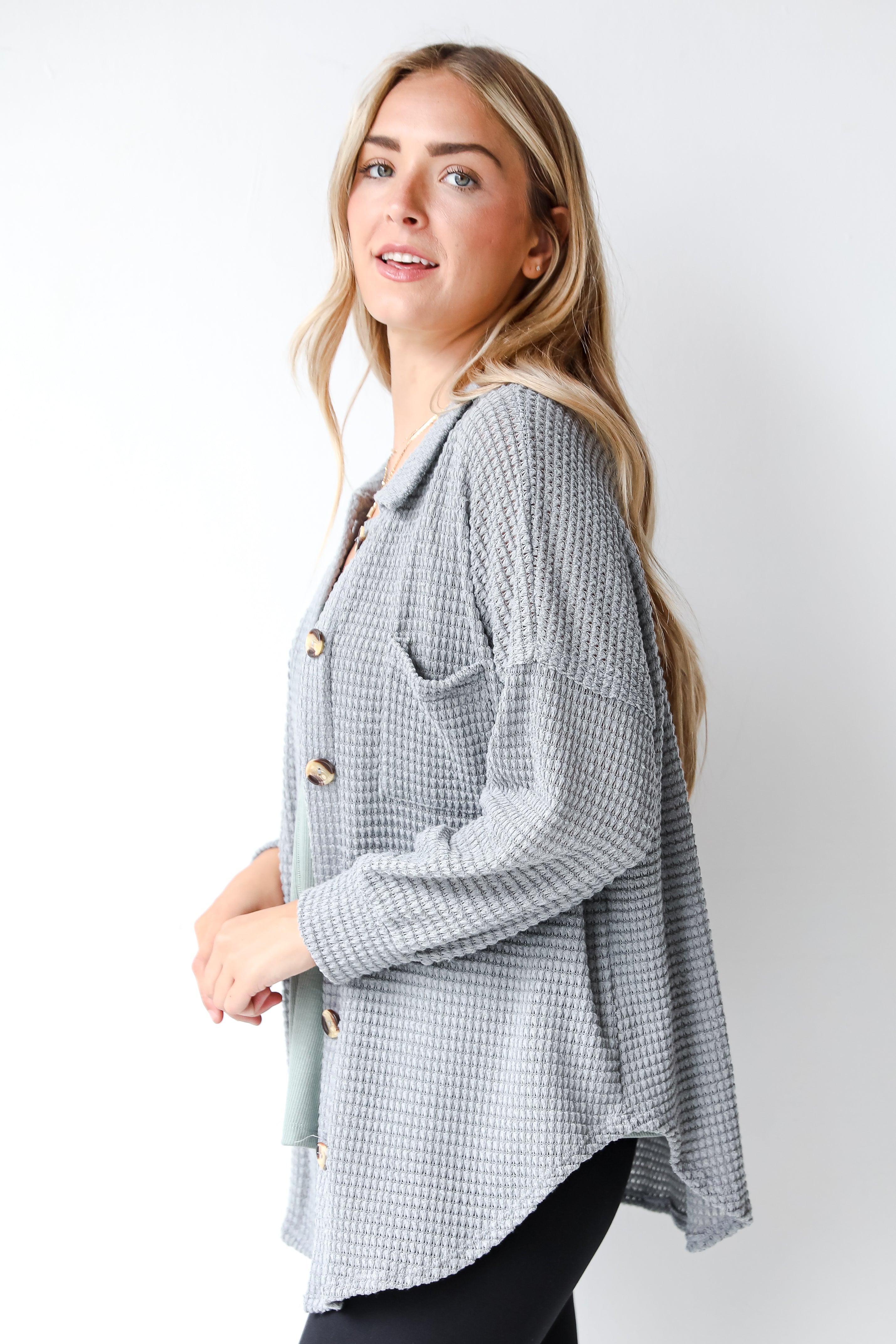 grey waffle knit top side view