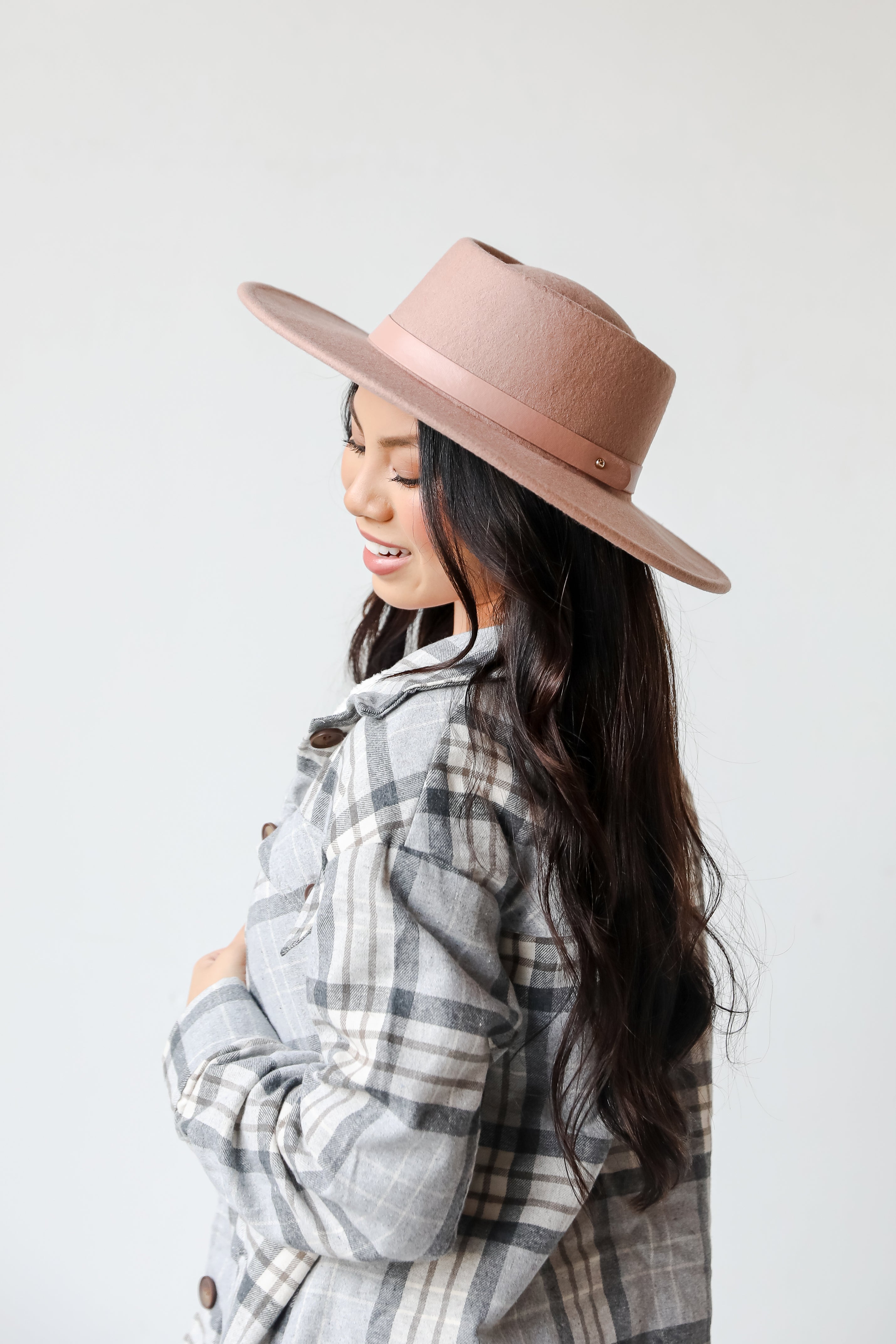 mauve Wide Brim Hat on model