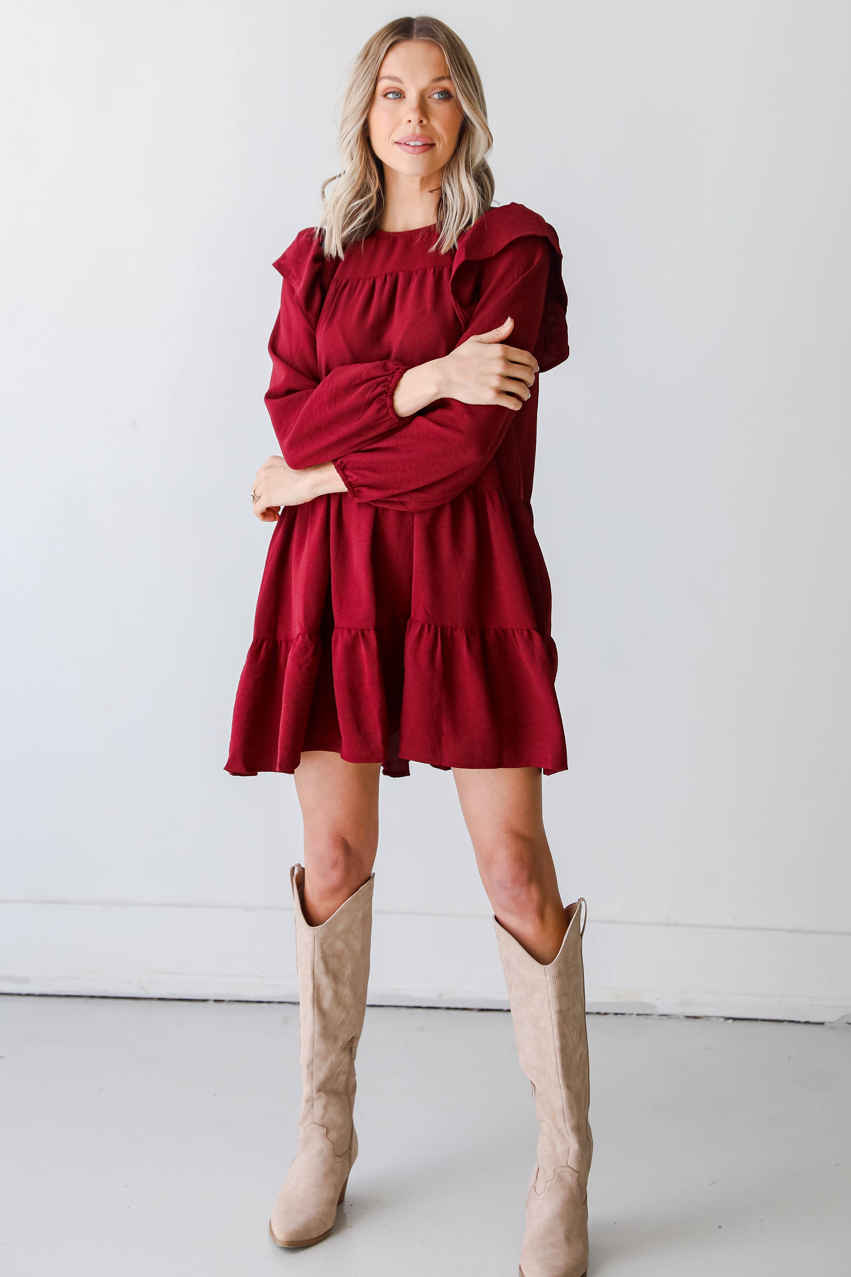 red Tiered Mini Dress on model