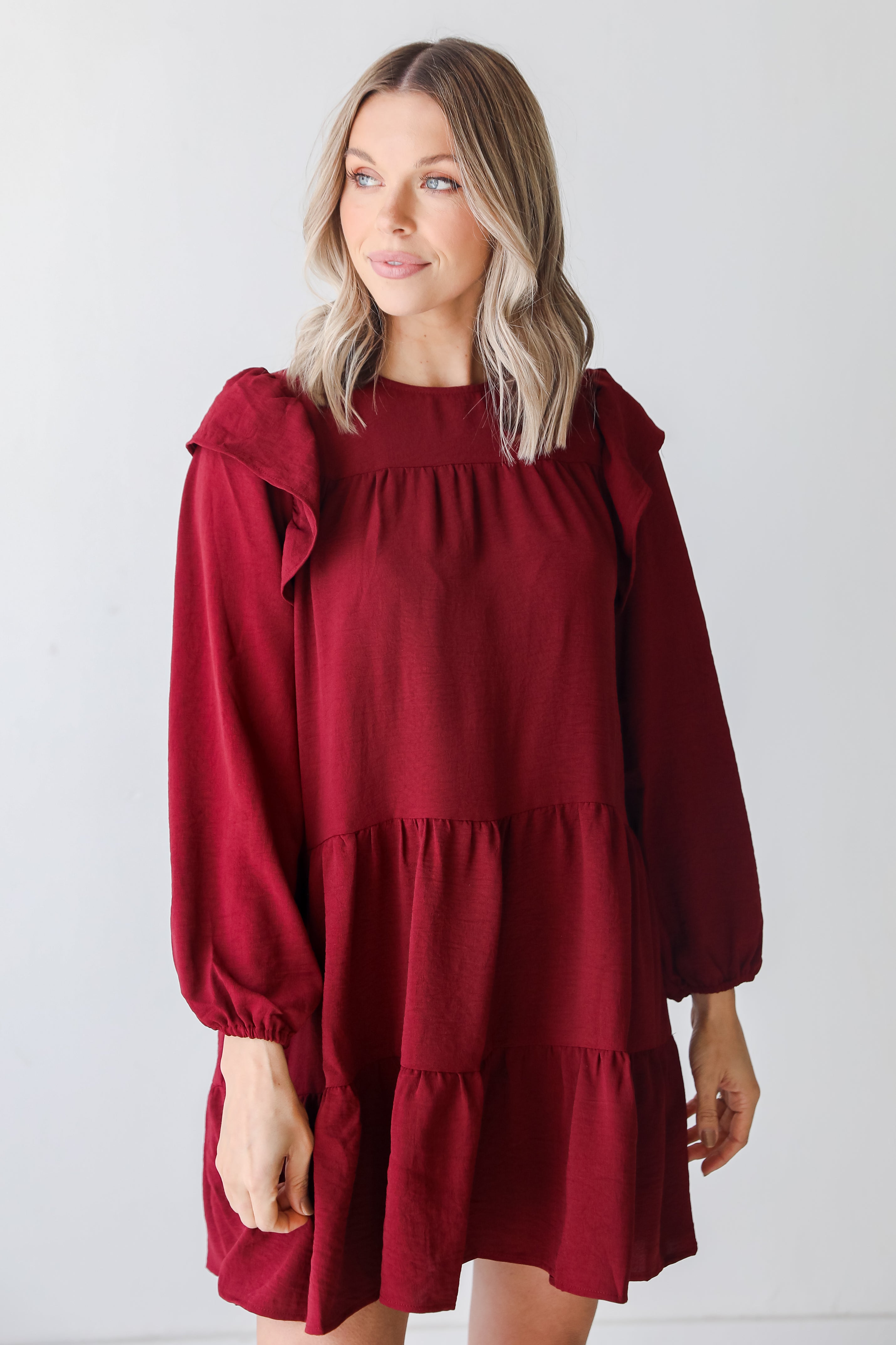 red Tiered Mini Dress on dress up model