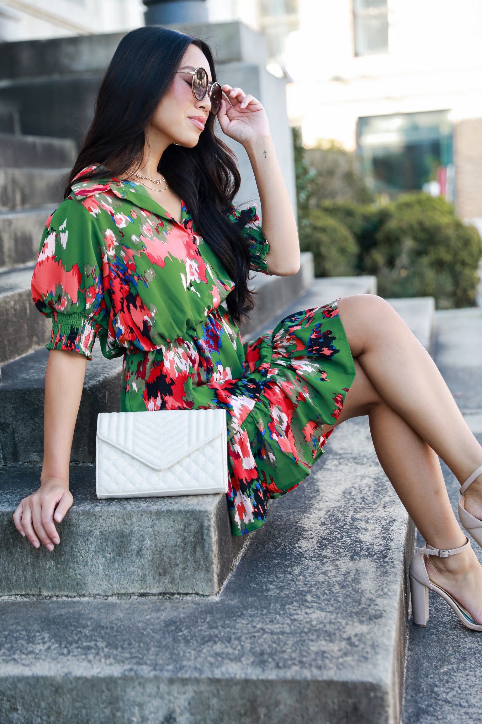 model wearing an olive green dress