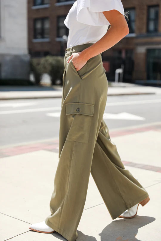Image of Dress Up model wearing white shirt and green cargo pants