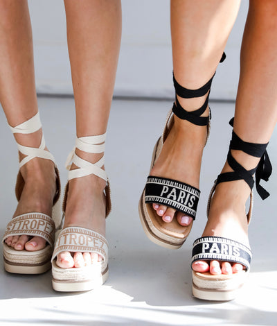 Cute Sandals for women. Cute Shoes. Online Boutique for cute shoes. Strappy wedges for summer in black and cream.