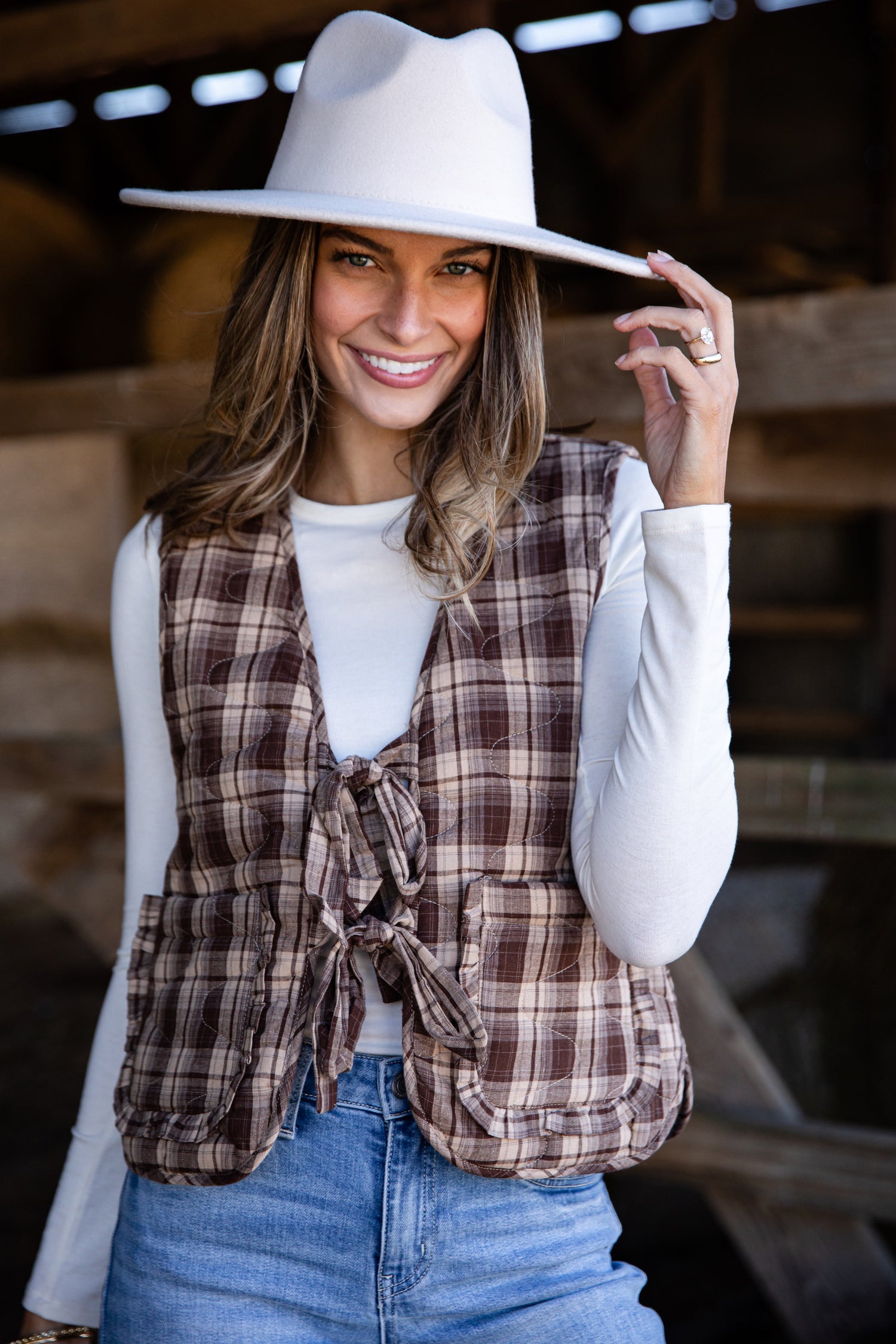Feel The Radiance Brown Plaid Quilted Tie Vest