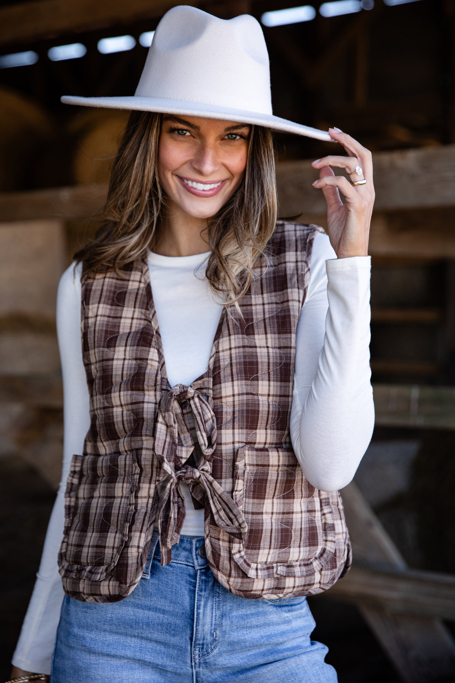 Feel The Radiance Brown Plaid Quilted Tie Vest