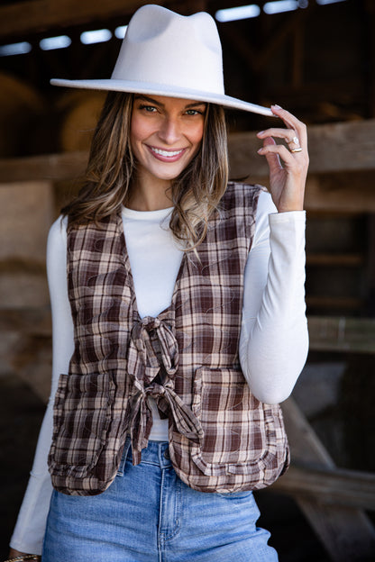 Feel The Radiance Brown Plaid Quilted Tie Vest