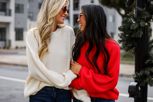 dress up models wearing cozy oversized sweaters. sweaters for women. gift idea for her. affordable sweaters. cute sweaters.