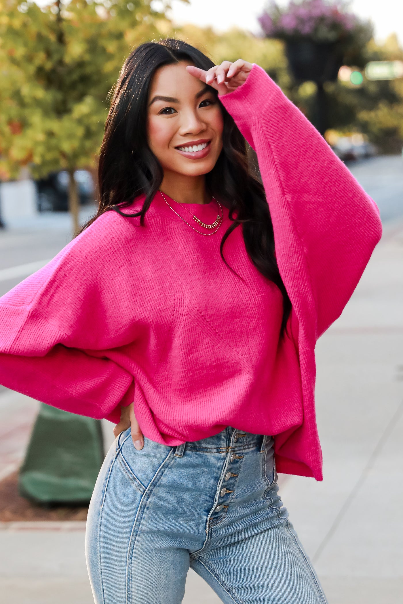 hot pink Cozy Sweater on model