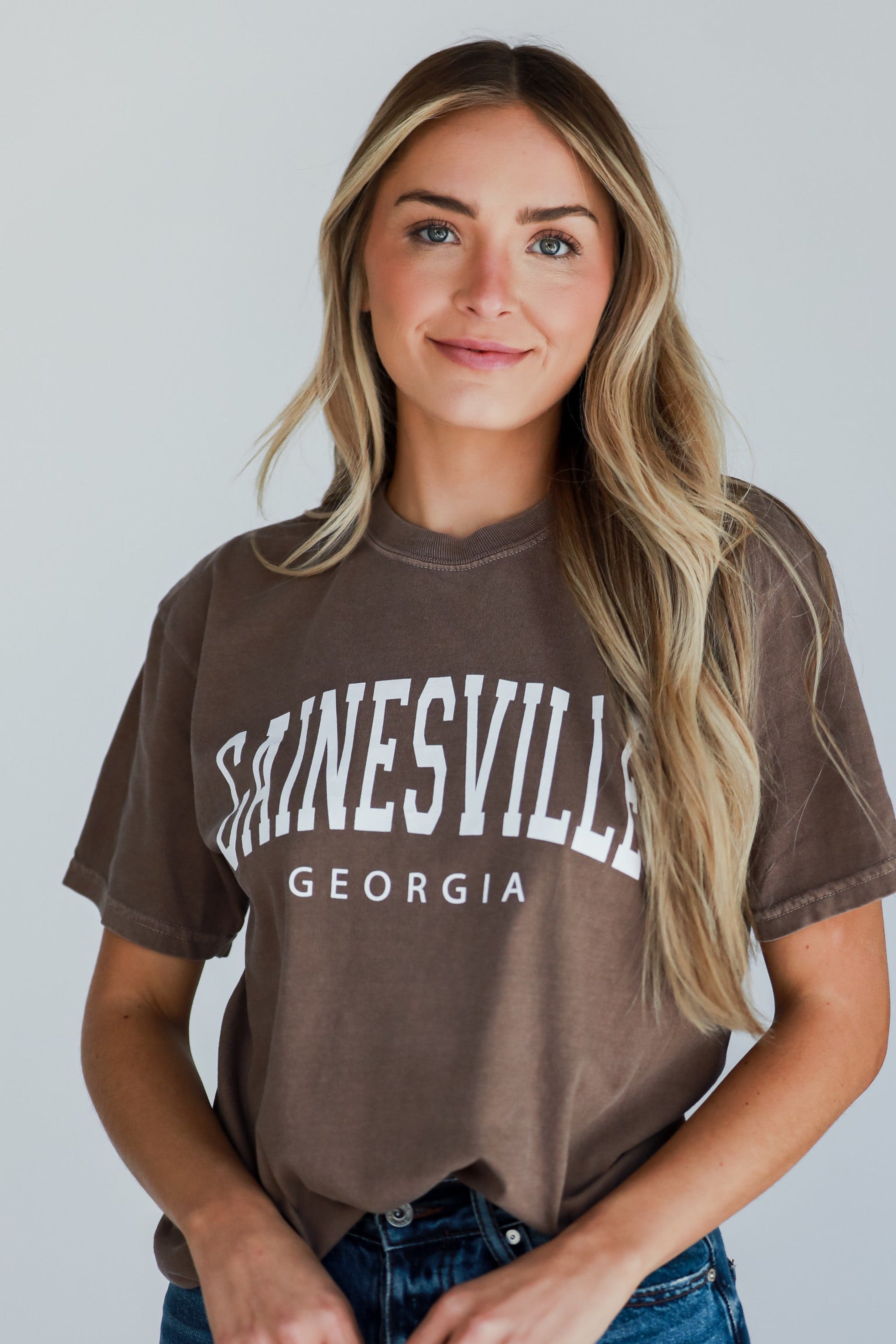 Brown Gainesville Georgia Block Letter Tee close up