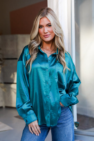 teal Satin Button-Up Blouse