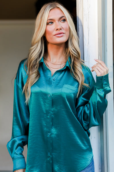 teal Satin Button-Up Blouse on model