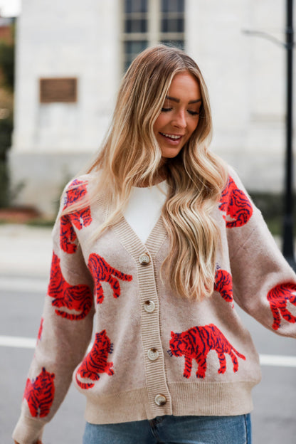 Oatmeal Tiger Oversized Sweater Cardigan