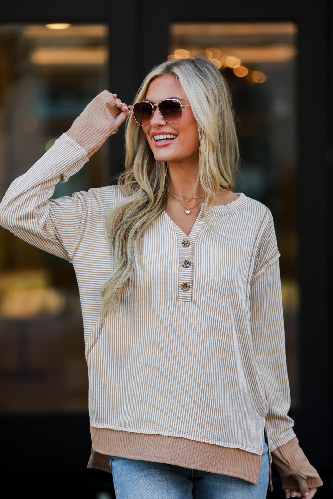 Taupe Striped Ribbed Knit Top