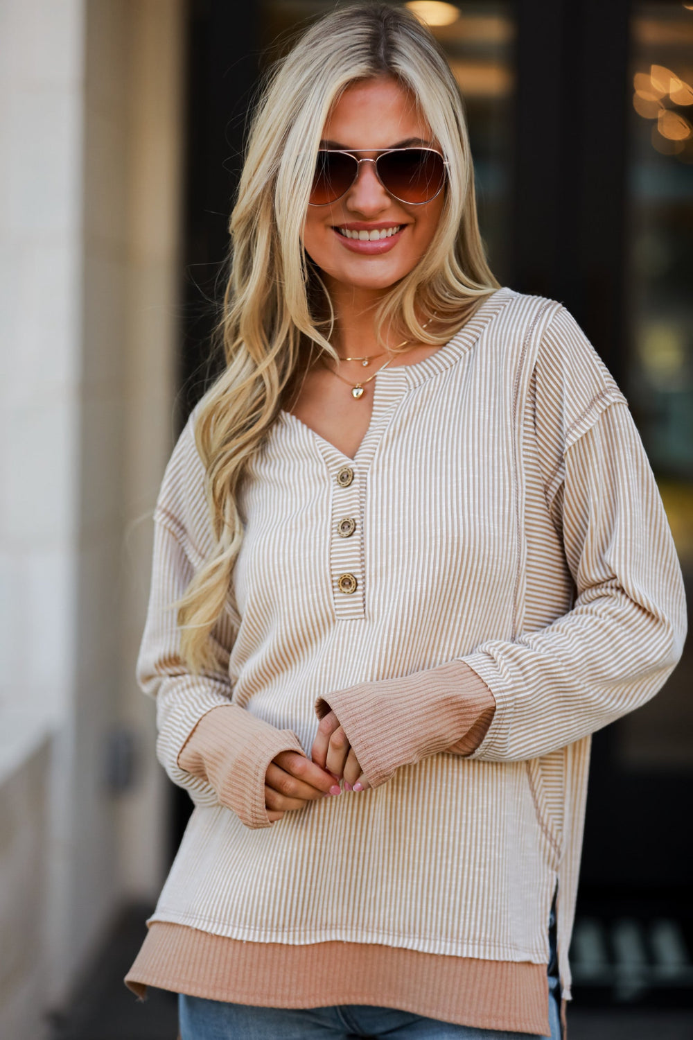 casual Taupe Striped Ribbed Knit Top