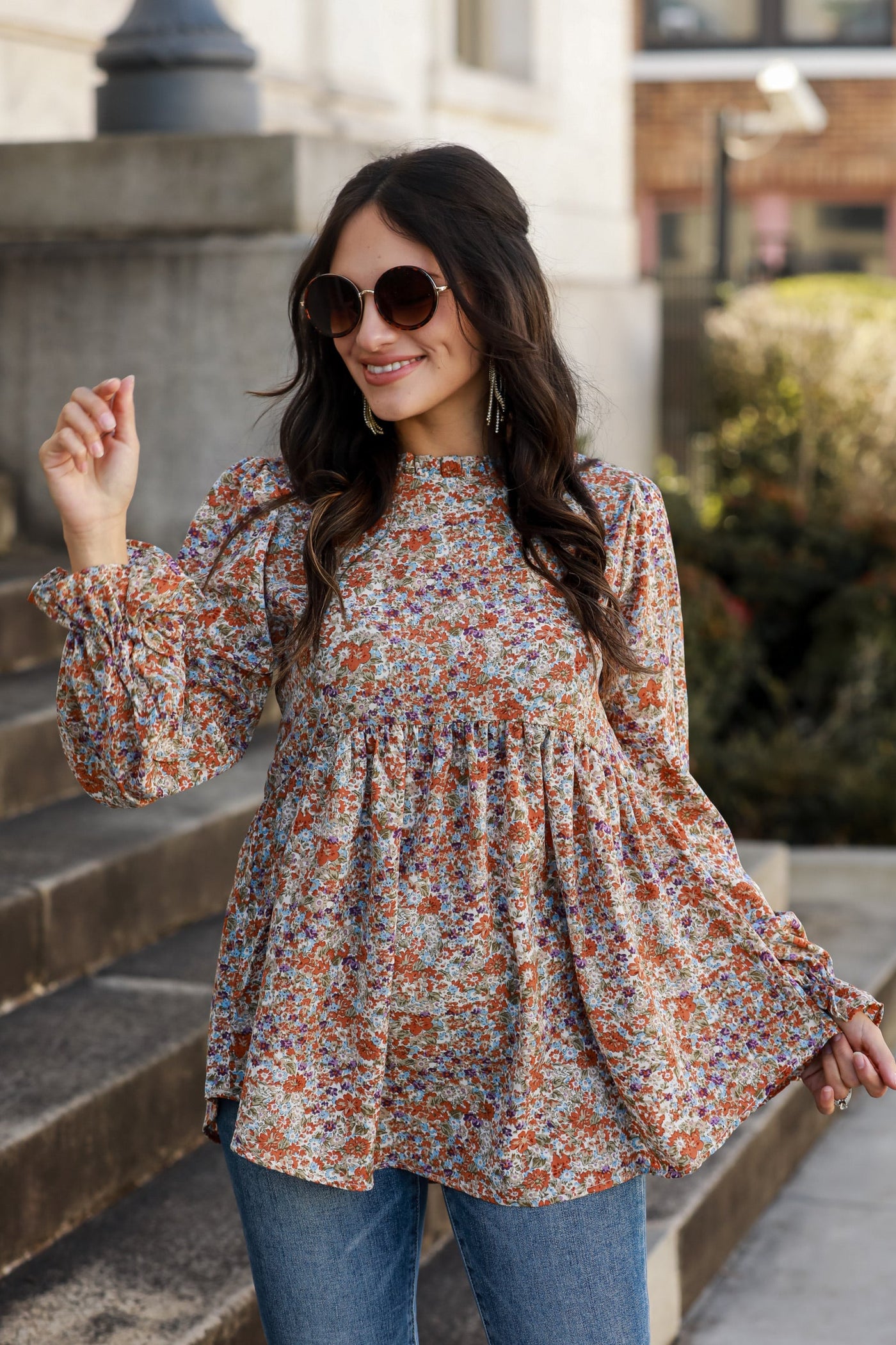 cute Rust Floral Babydoll Blouse