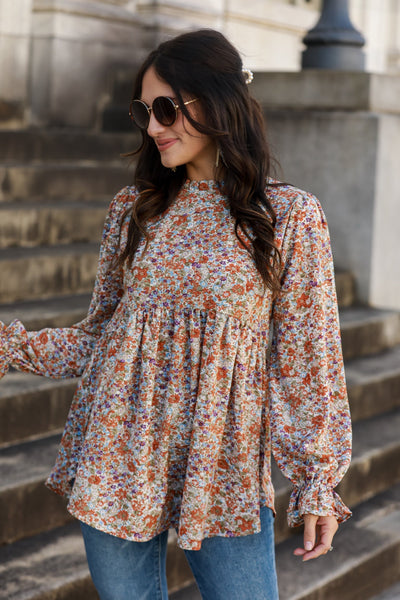 Rust Floral Babydoll Blouse