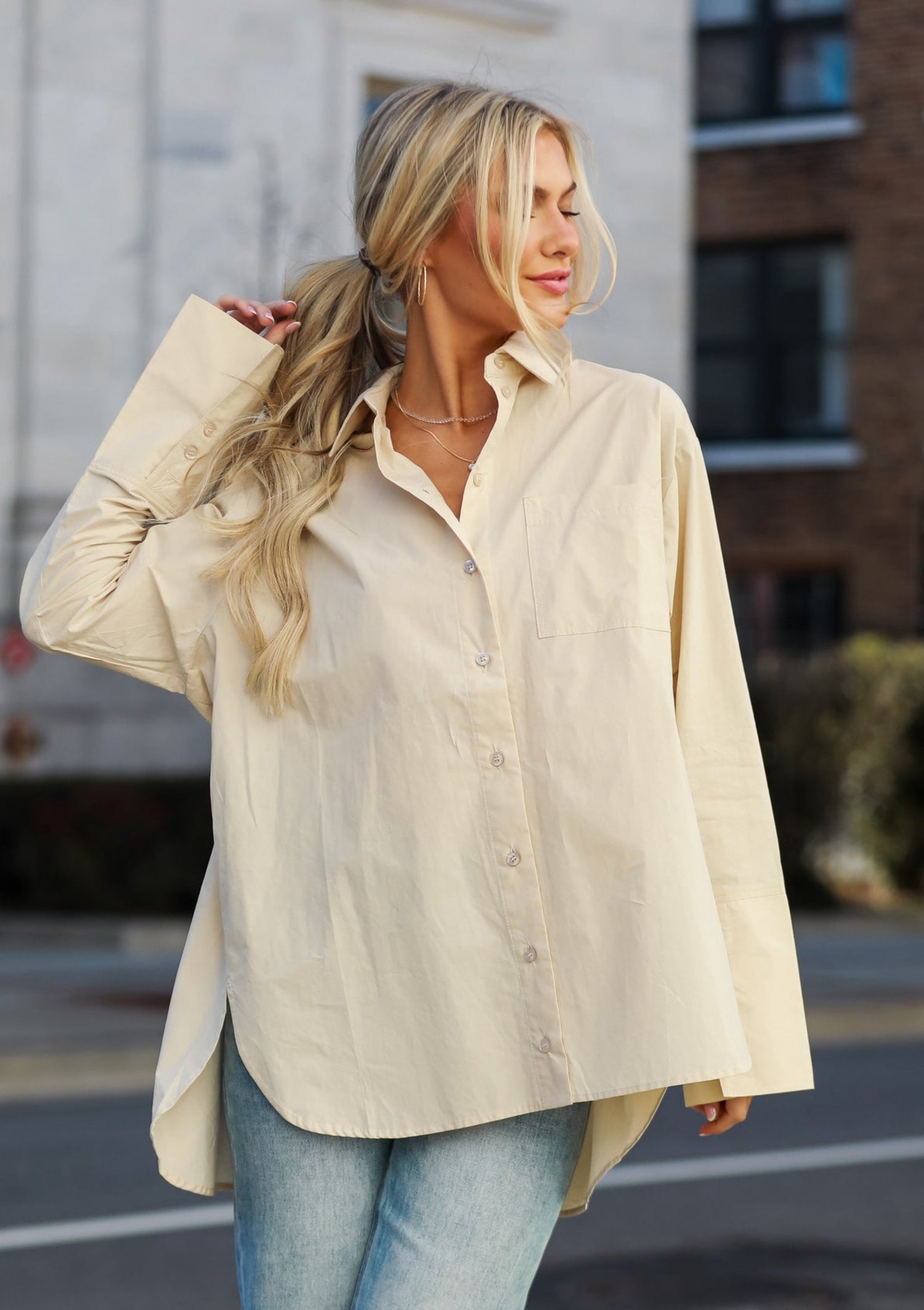 Khaki Button-Up Blouse