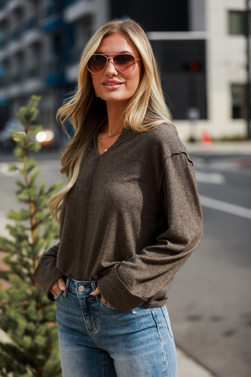 casual Olive Brushed Knit Top