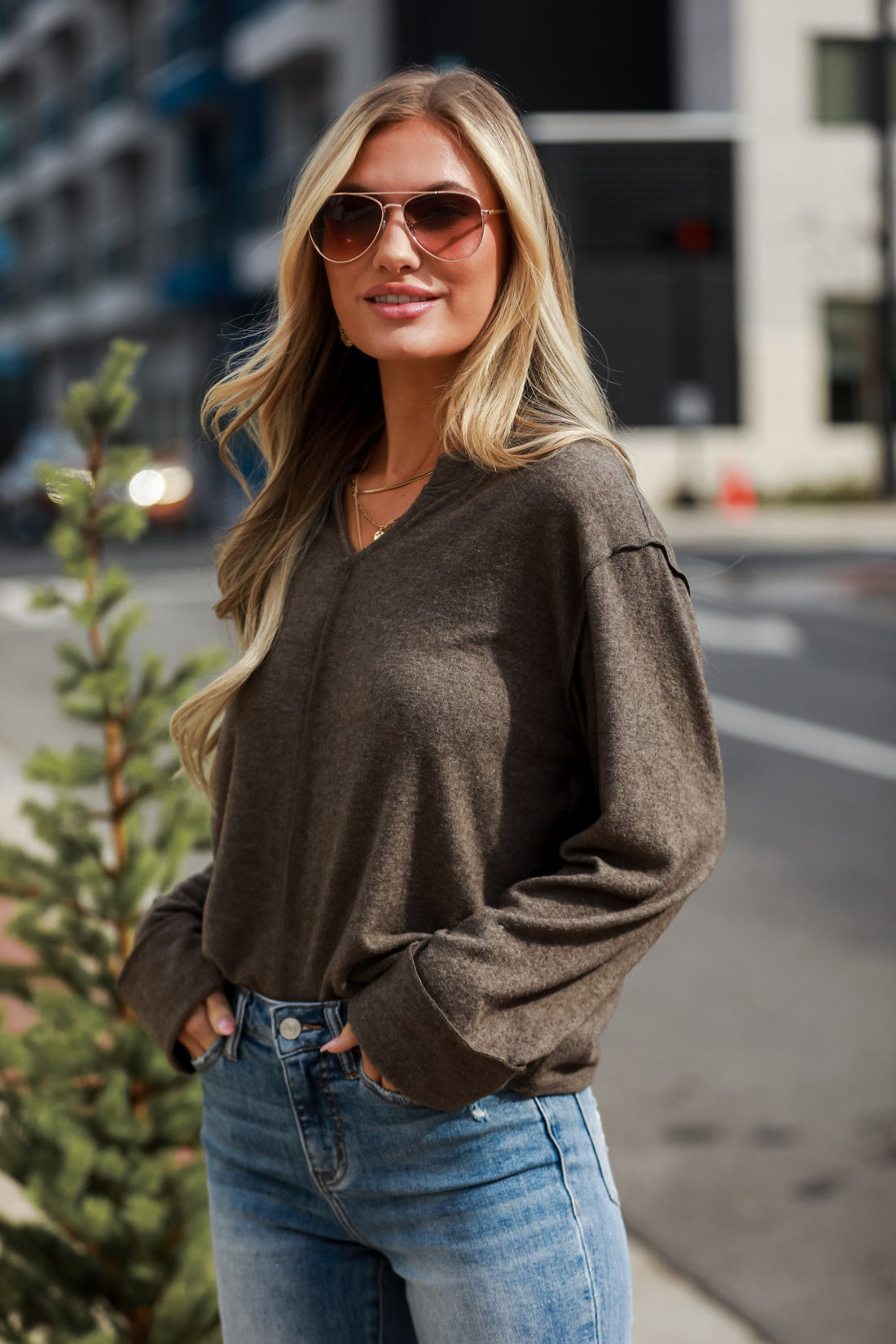 casual Olive Brushed Knit Top