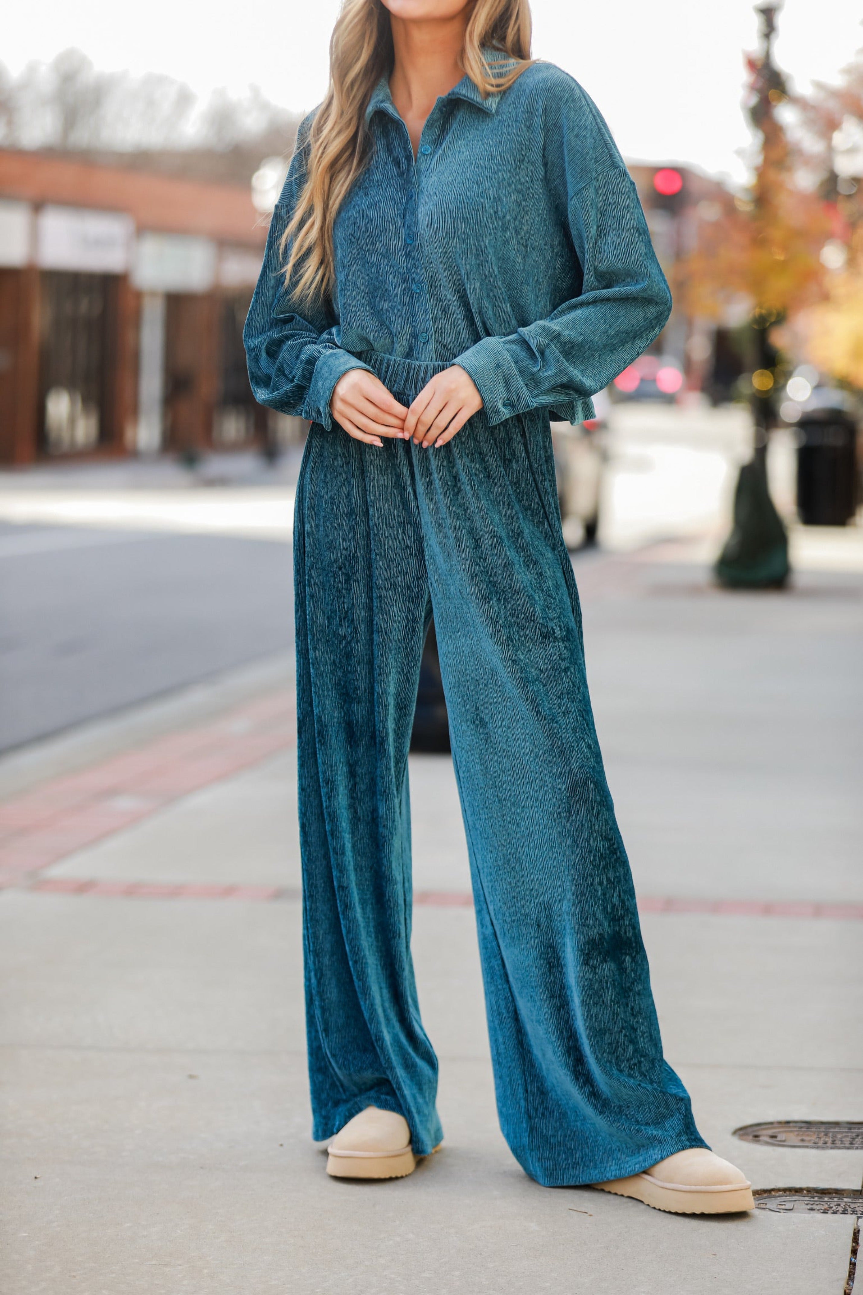 Teal Velvet Plisse Pants