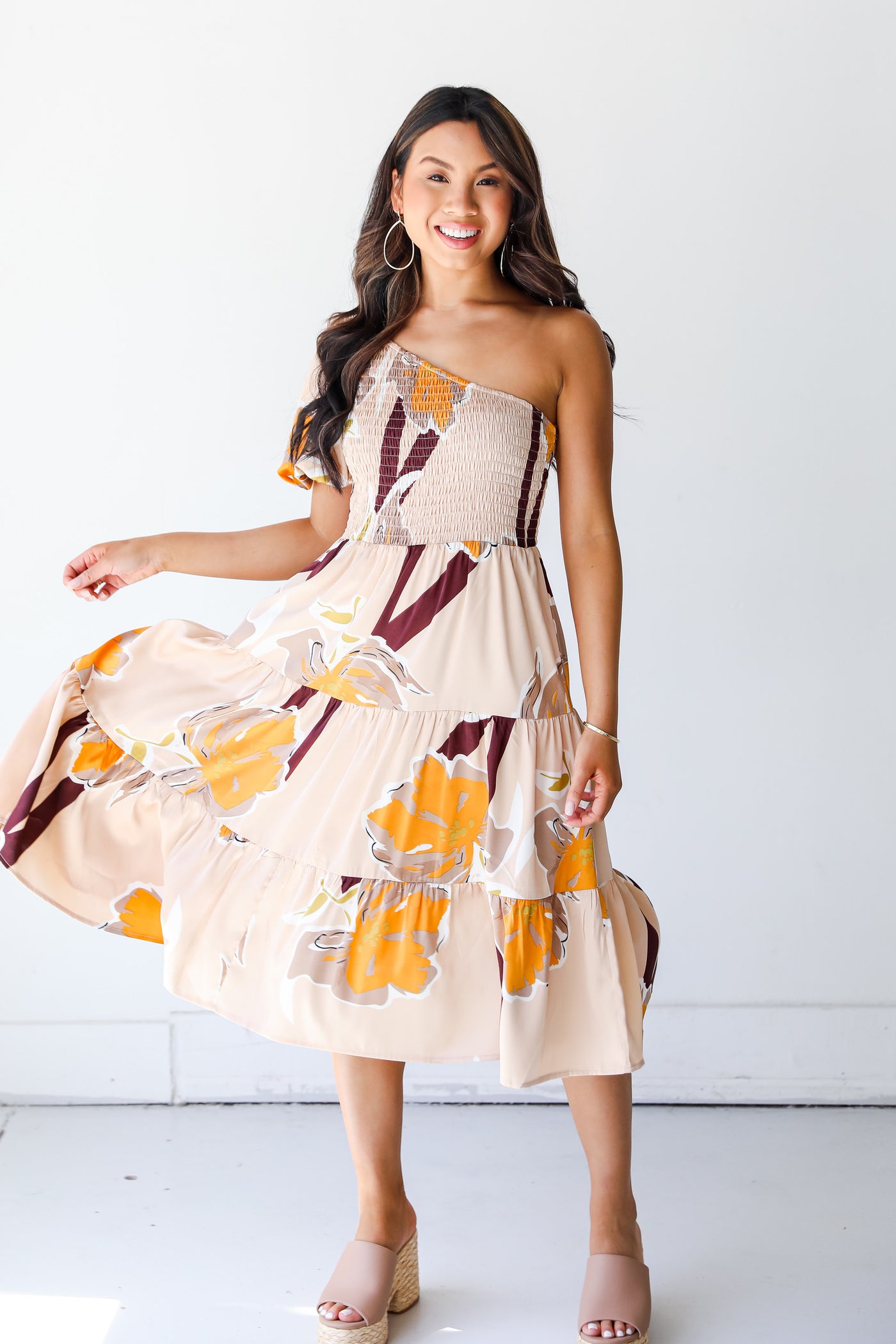 Floral One-Shoulder Midi Dress on model