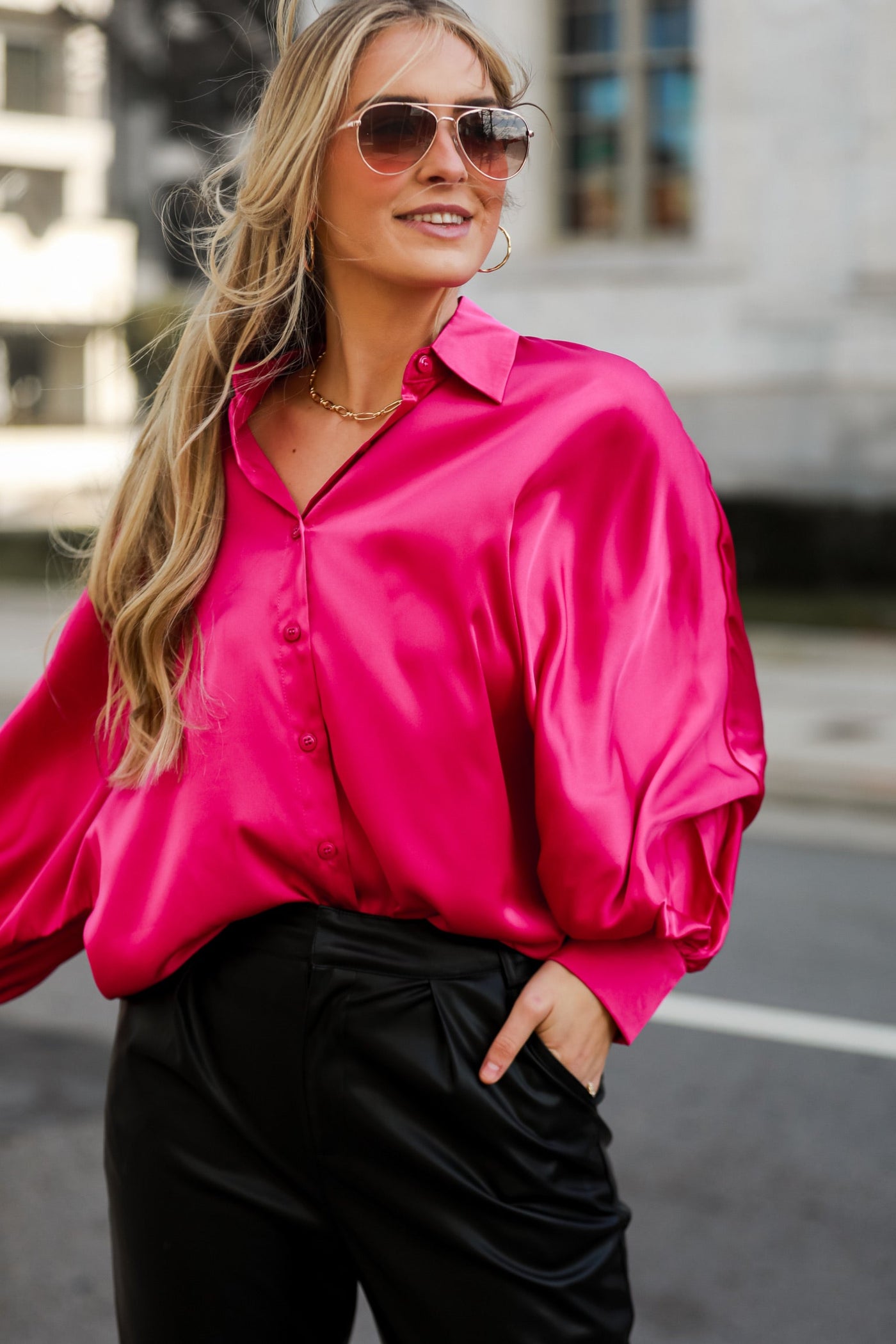 hot pink Satin Button-Up Blouse