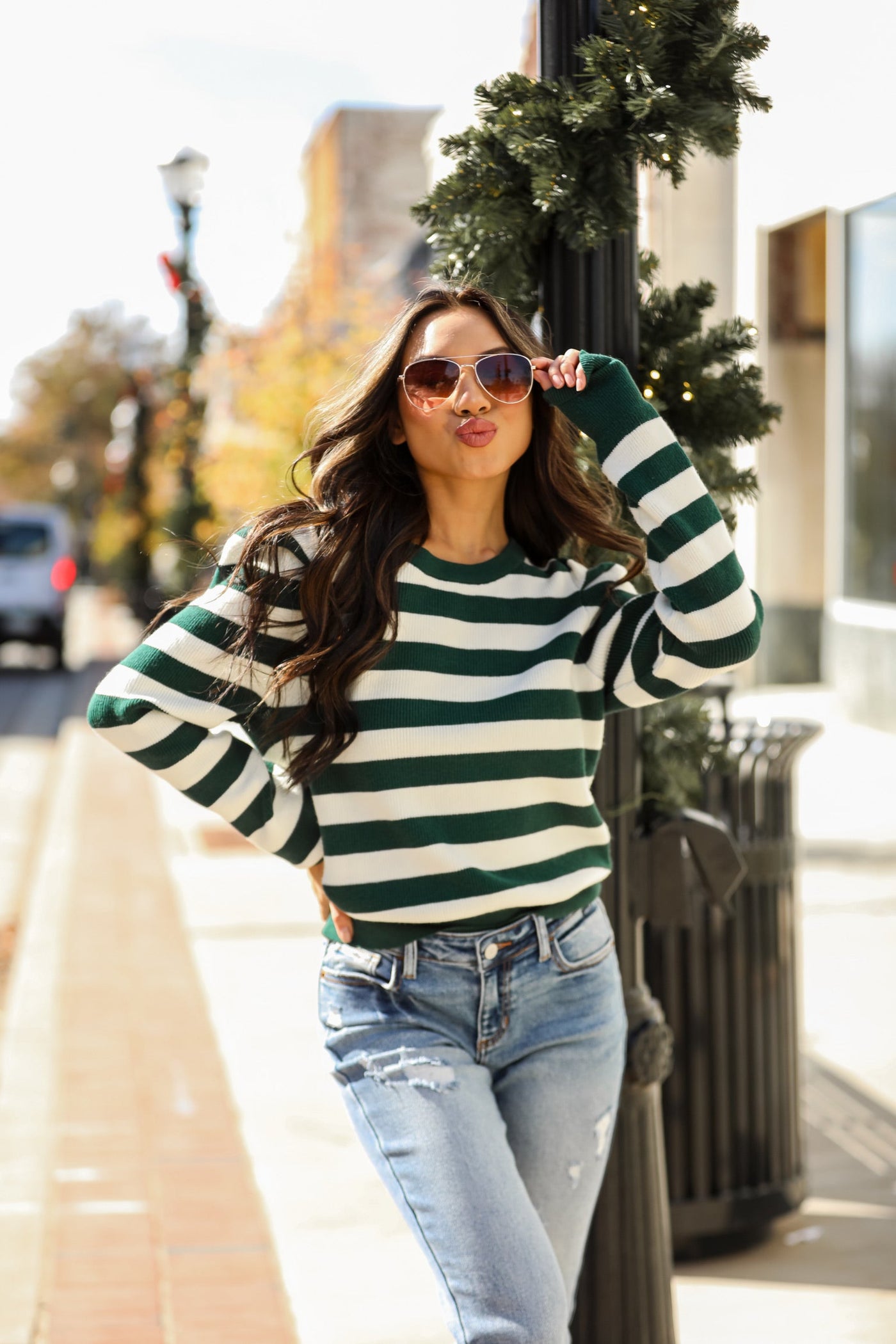 trendy Hunter Green Striped Sweater