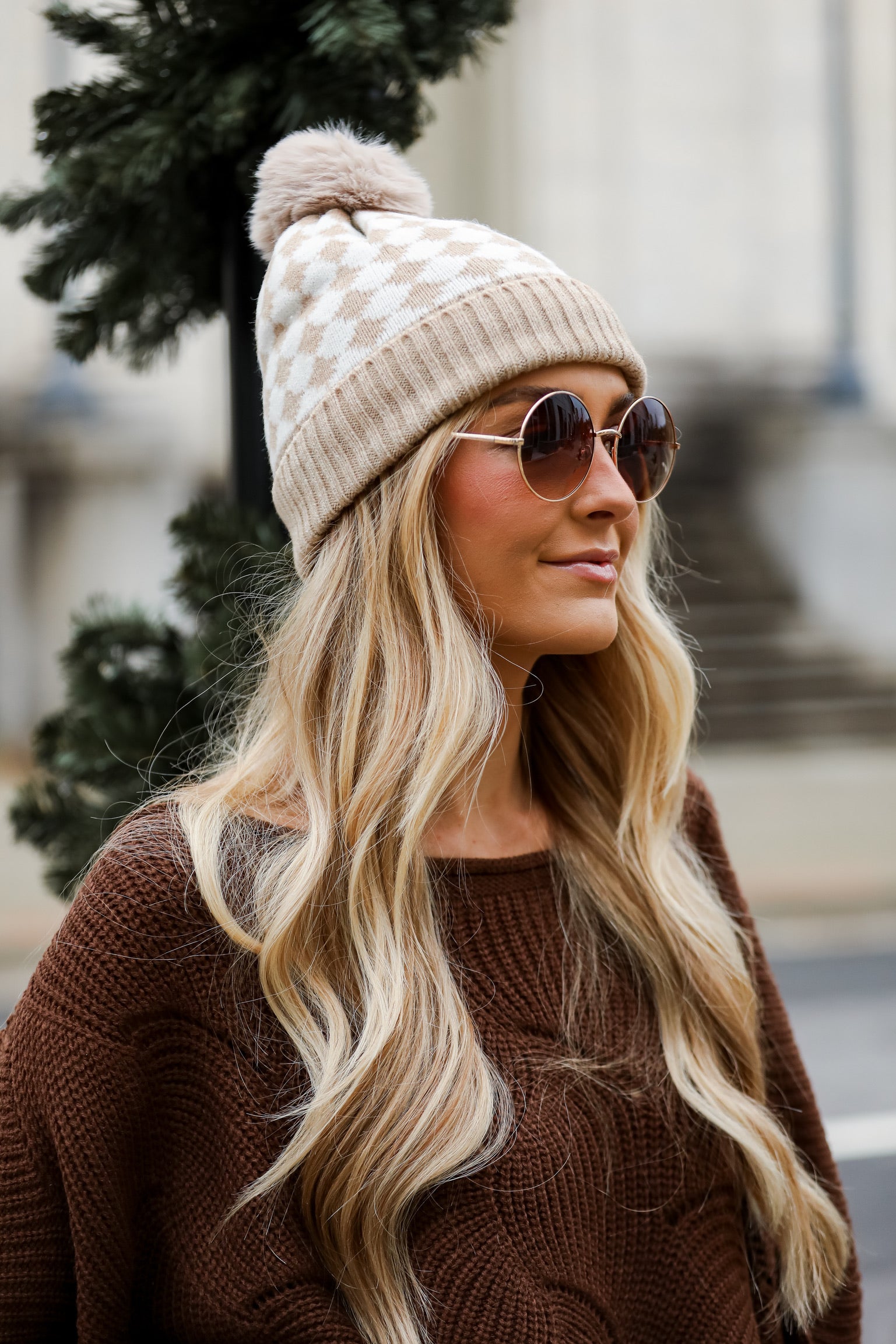 FINAL SALE - Winter Ready Checkered Pom Pom Beanie