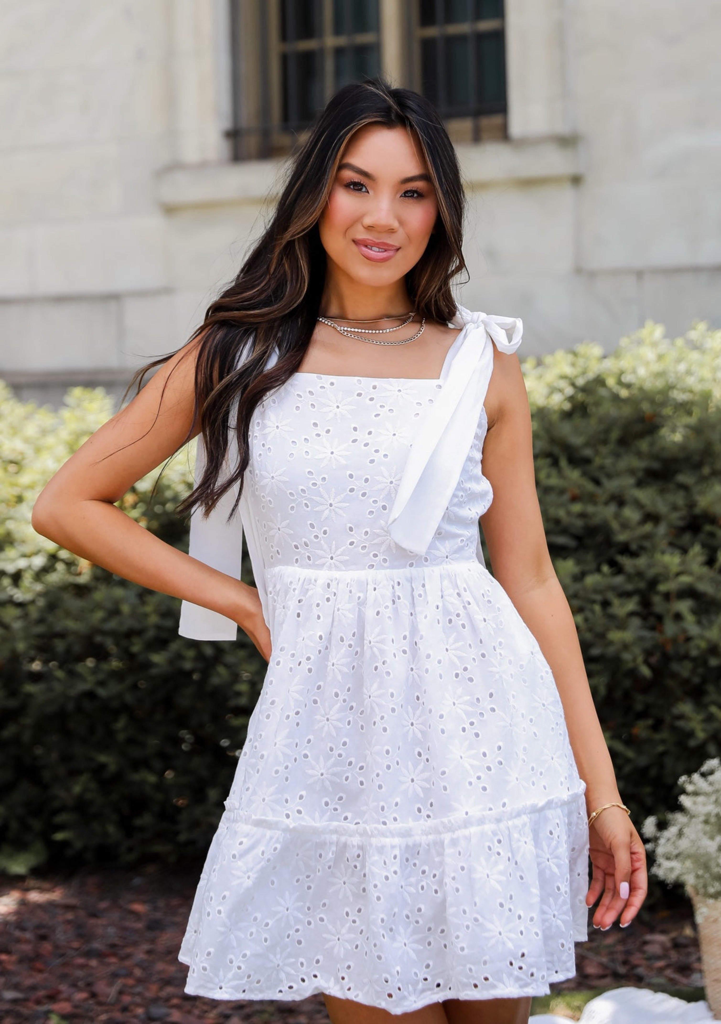 White Eyelet Tiered Mini Dress | Cute White Dresses | ShopDressUp – Dress Up