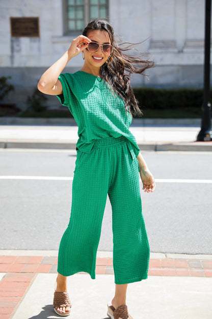 green Textured Wide Leg Pants