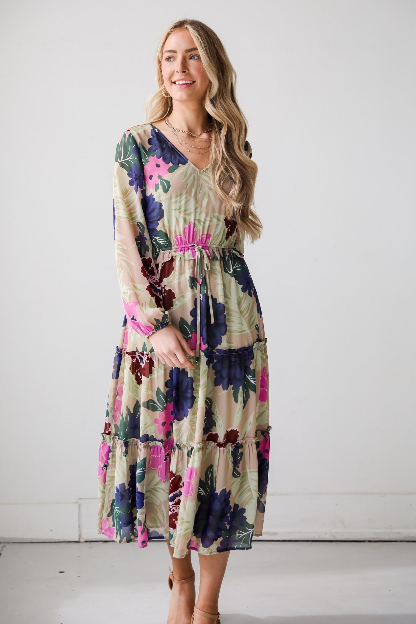 long sleeve taupe Floral Midi Dress