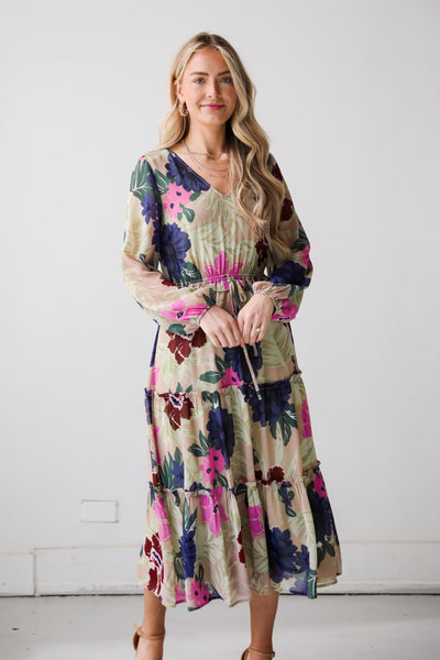 long sleeve taupe Floral Midi Dress