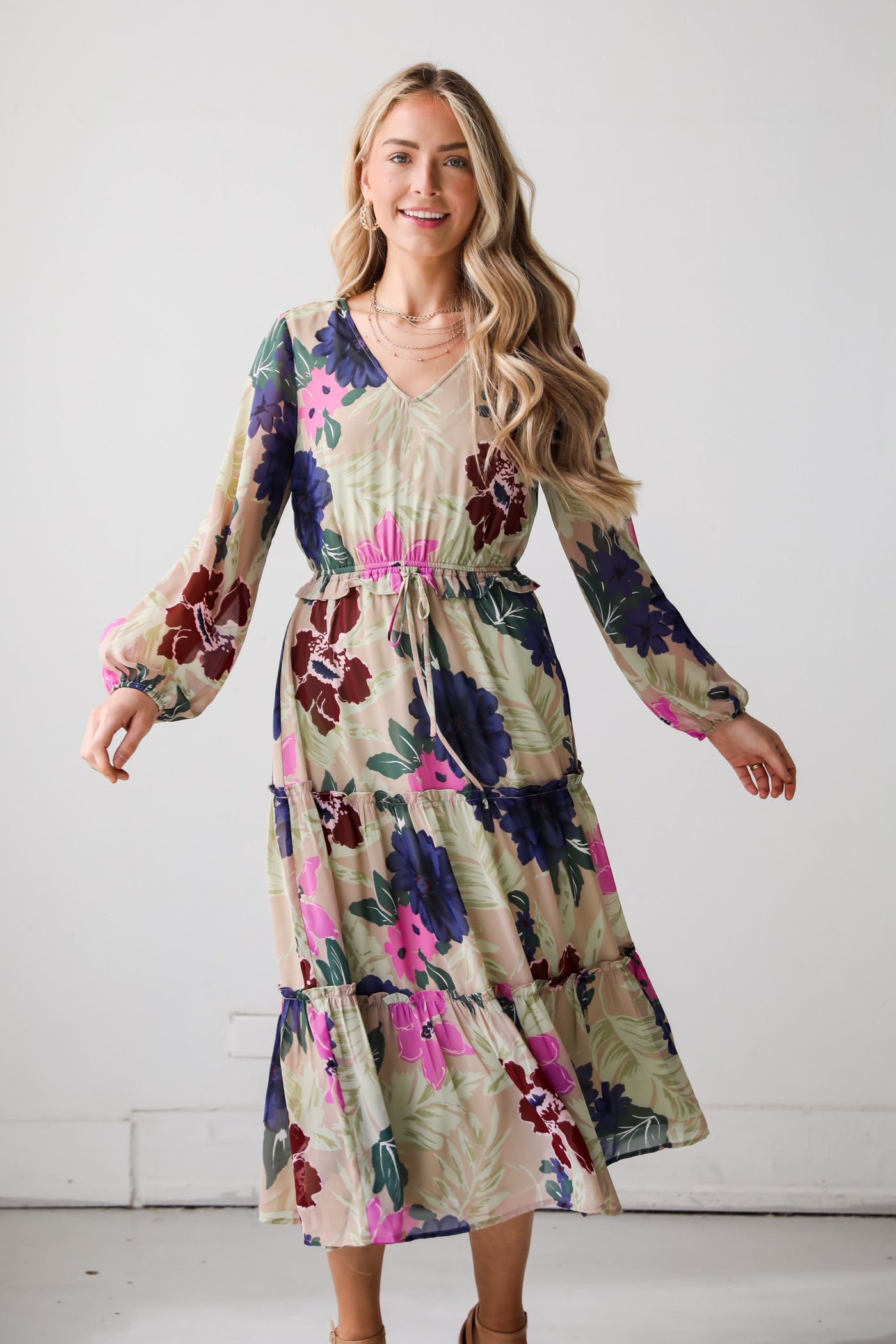 womens taupe Floral Midi Dress