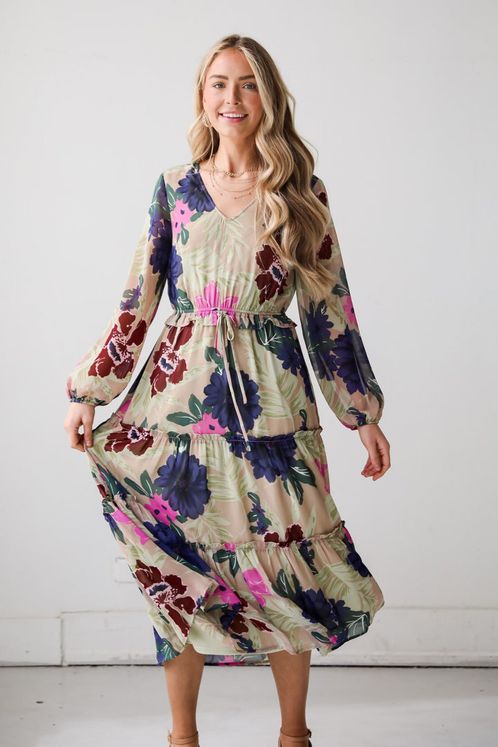 long taupe Floral Midi Dress