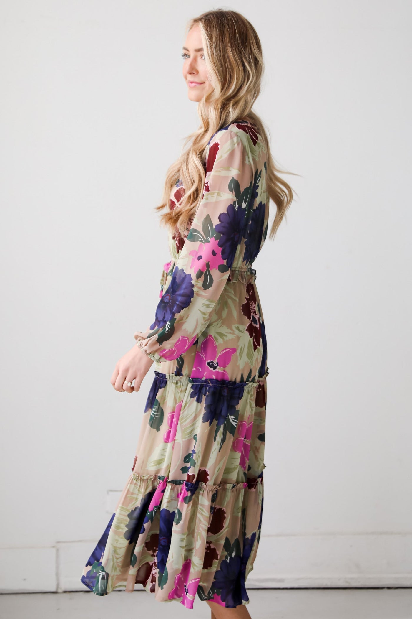 taupe Floral Midi Dress for women