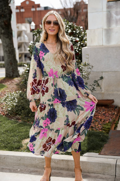 taupe Floral Midi Dress