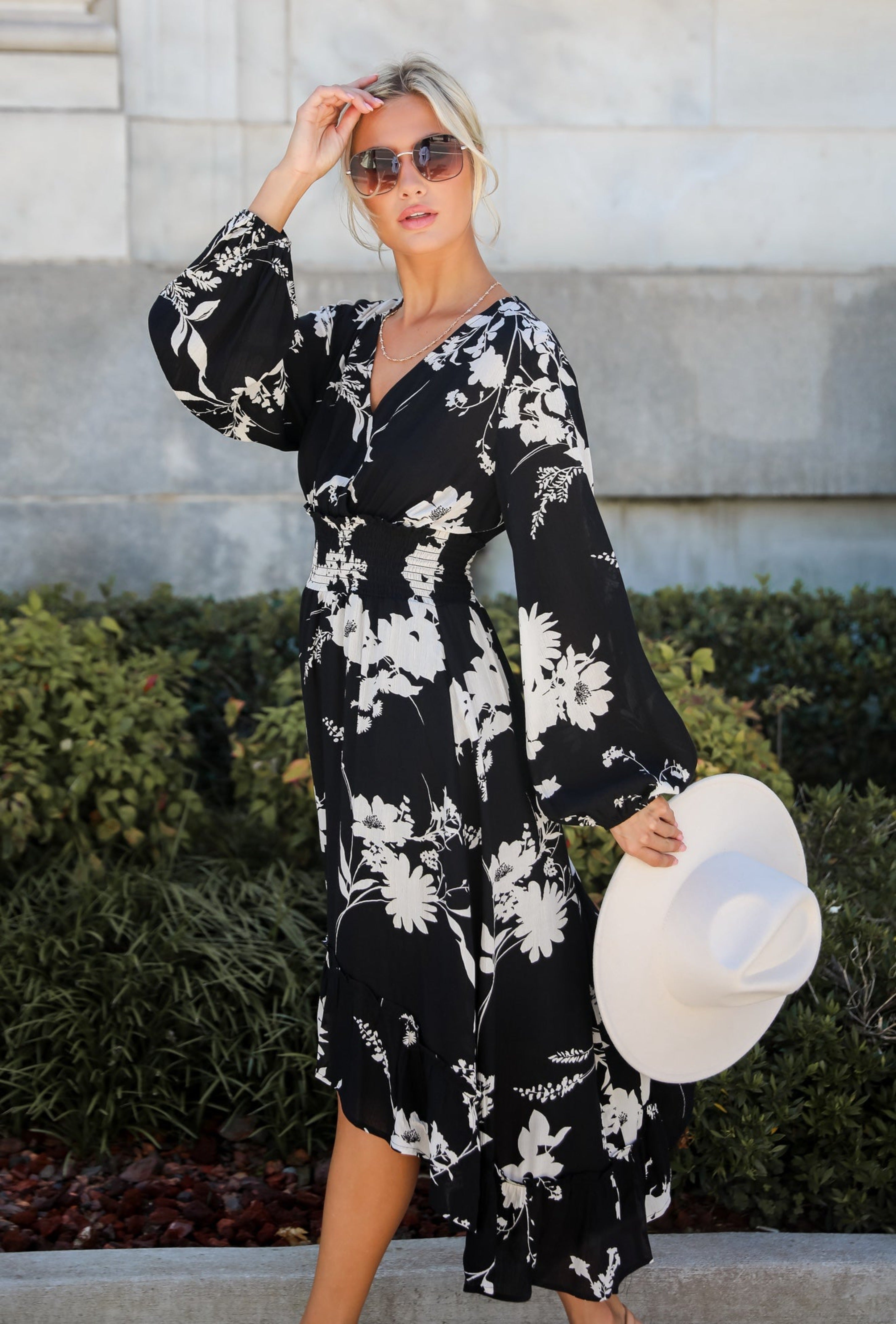 Black hot and White Floral Midi Dress