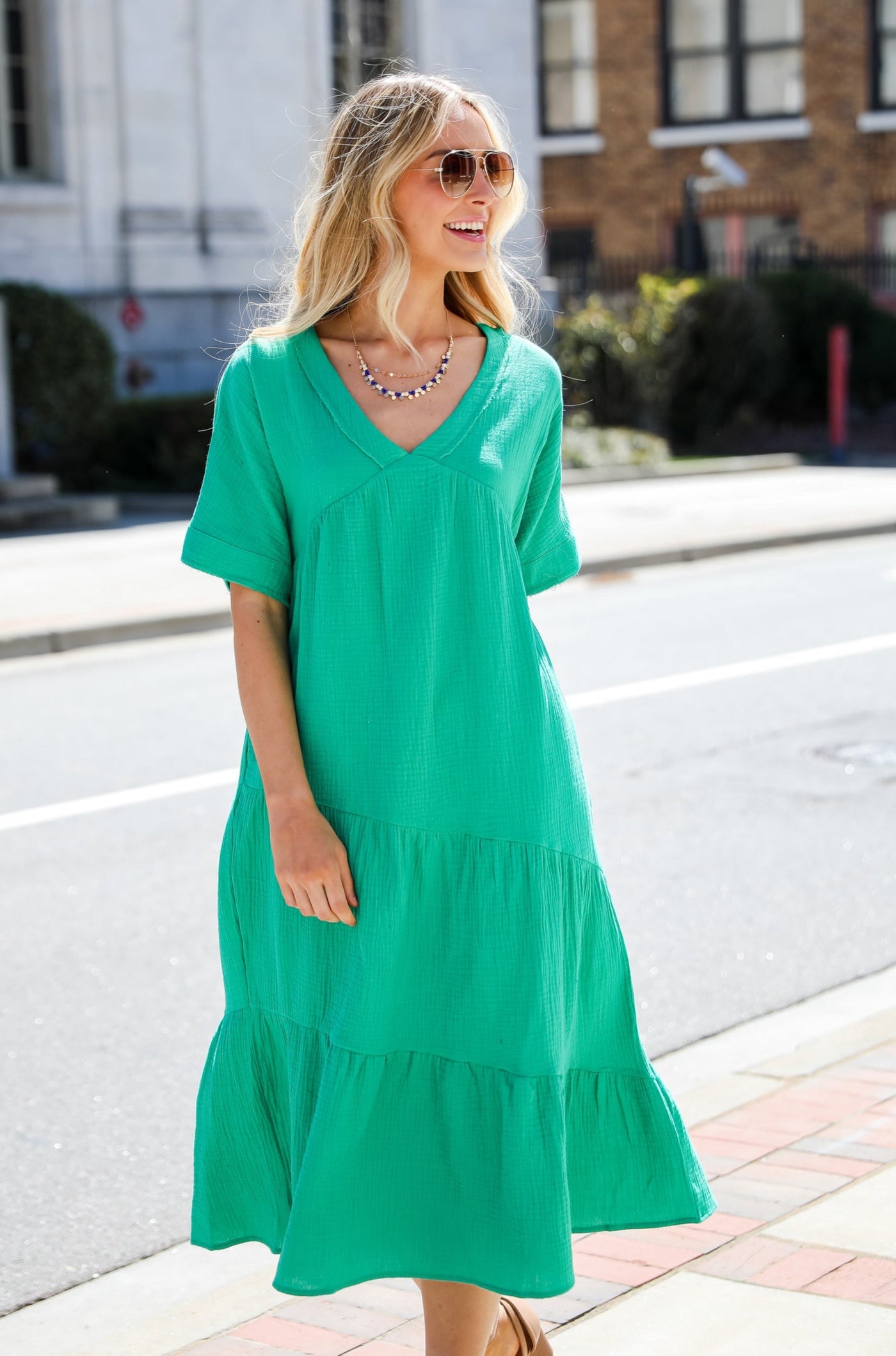green Linen Midi Dress on model
