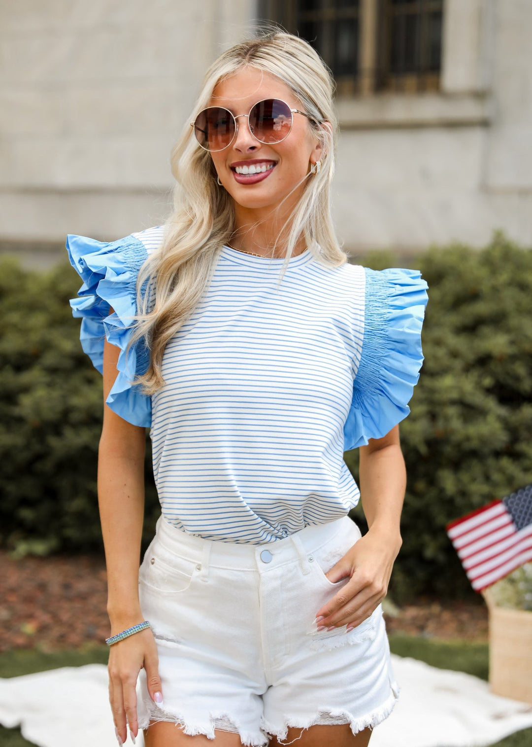 Blue Striped Ruffle Sleeve Blouse